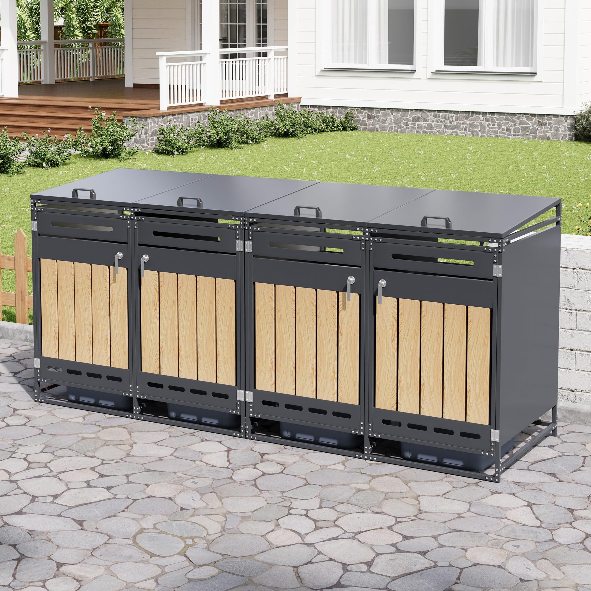 Contenitore per bidoni della spazzatura con coperchio idraulico, rivestimento verticale effetto legno, ventilazione a fori lunghi, armadio da giardino in ferro con serratura (1, grigio-2)