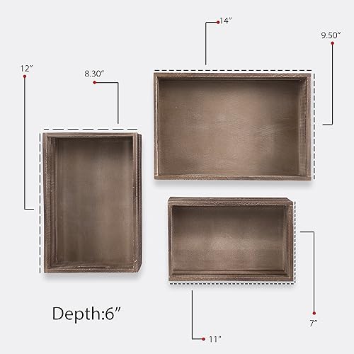 Miniatura 3 de WALLNITURE Juego de 3 estantes flotantes organizadores, cesto de almacenamiento de madera rústica, color nogal