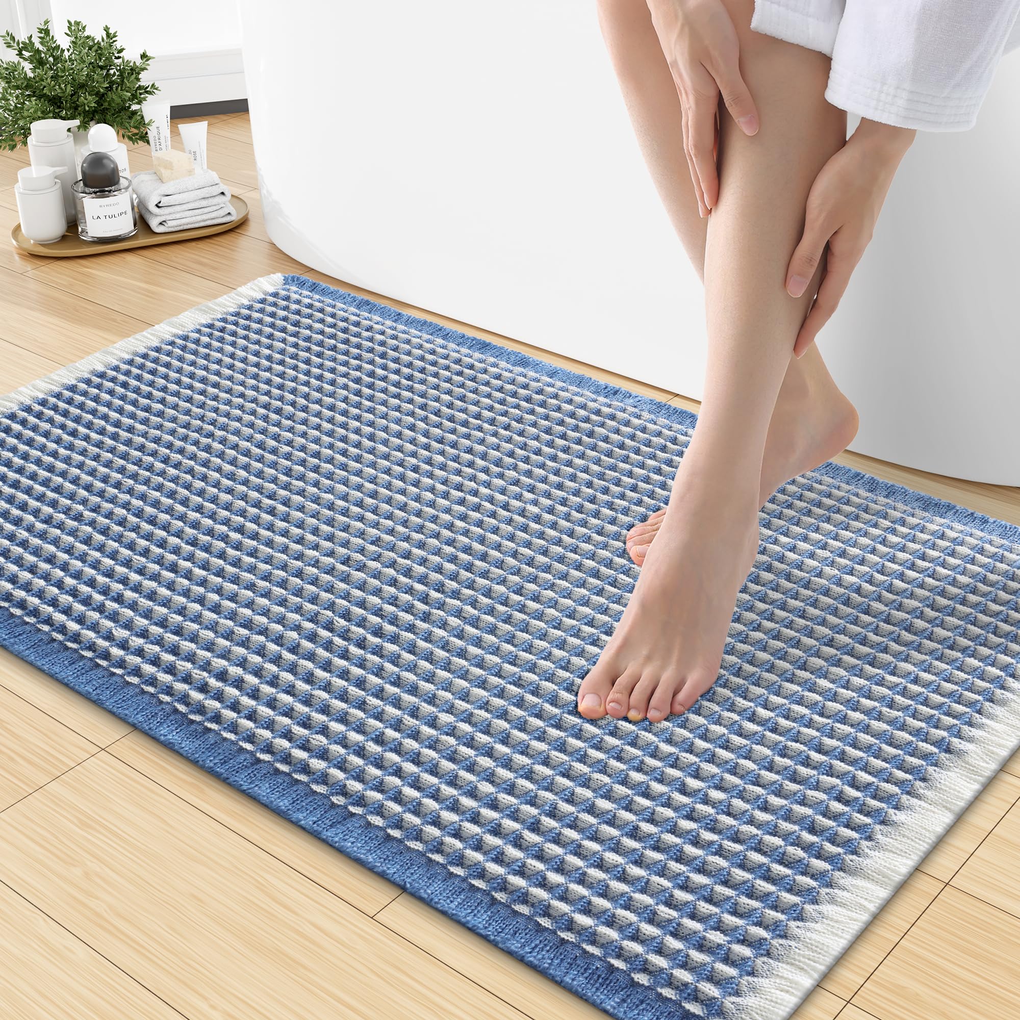 Smiry Waffle Bath Mat 30X18, Soft Absorbent Bathroom Rugs, Blue &amp; Cream
