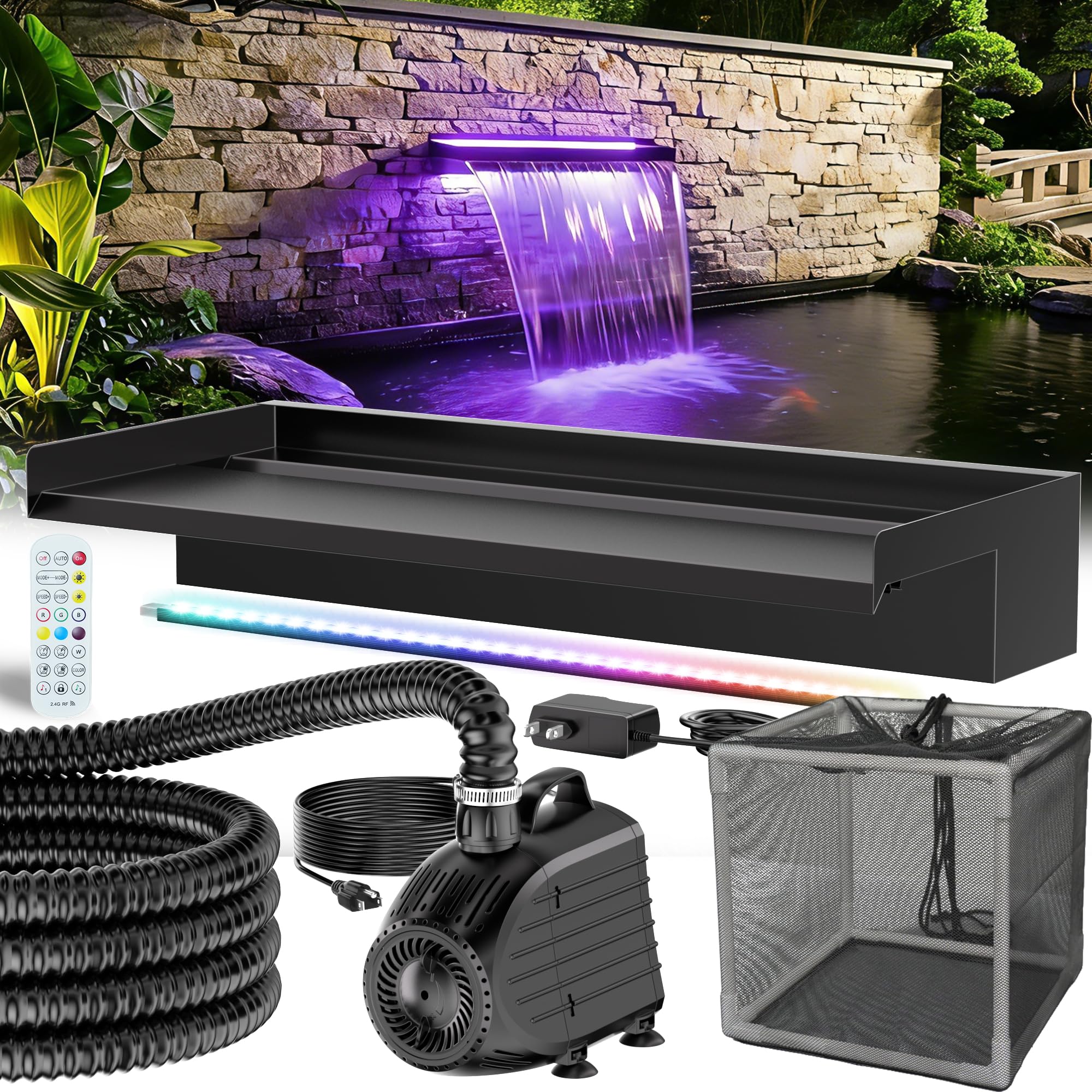 POPOSOAP Kit de Cascada para Estanque, Desagüe de Acero Inoxidable 60cm, Bomba de Agua 4500 L/h, Luces LED con Mando a Distancia y Tubo Corrugado 3m, Adecuado para Estanques Exteriores hasta 12 m²