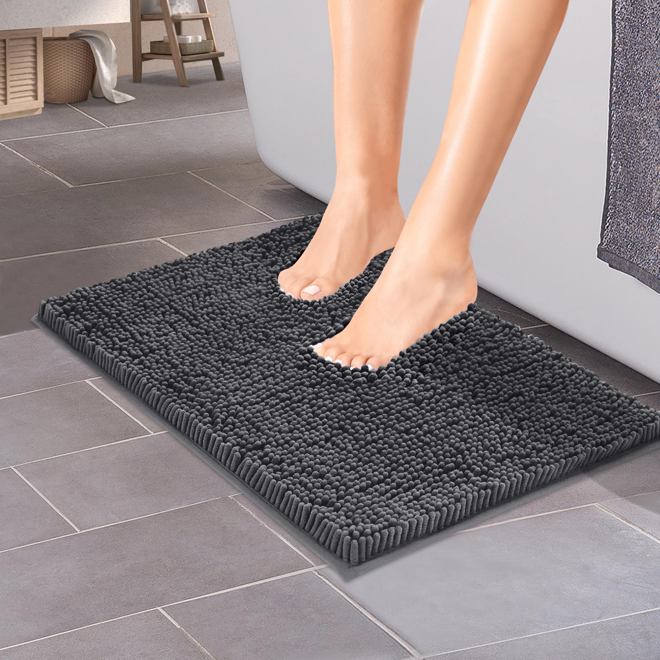 ITSOFT Plush Microfiber Non Slip Soft Bathroom Rug, Absorbent Machine Washable Chenille Bath Mat | Quick Dry Carpet, Great for Bath, Shower, Bedroom, or Door Mat (Charcoal Gray, 14x22)