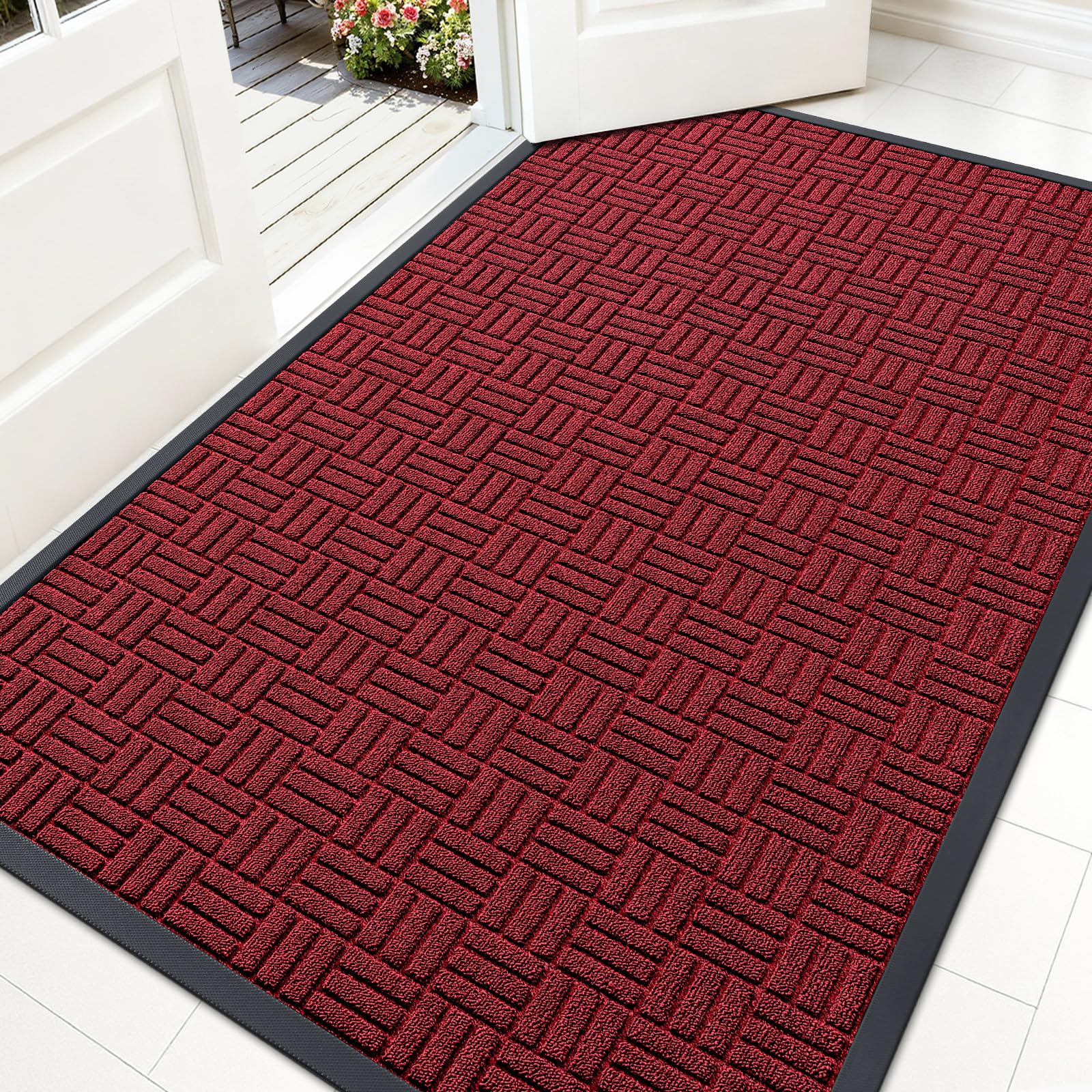 OLANLY Front Door Mat Outside Entrance 59x34, Heavy-Duty Rubber Doormat | Black Red, Stain and Fade Resistant, Non-Slip Backing, Low-Profile Indoor Outdoor Floor Mat for Entryway, Easy to Clean