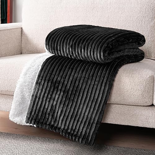 Miniatura 4 de PAVILIA Manta reversible de forro polar sherpa, color marrón claro, manta de franela de felpa, manta de microfibra acanalada ultra suave y cálida