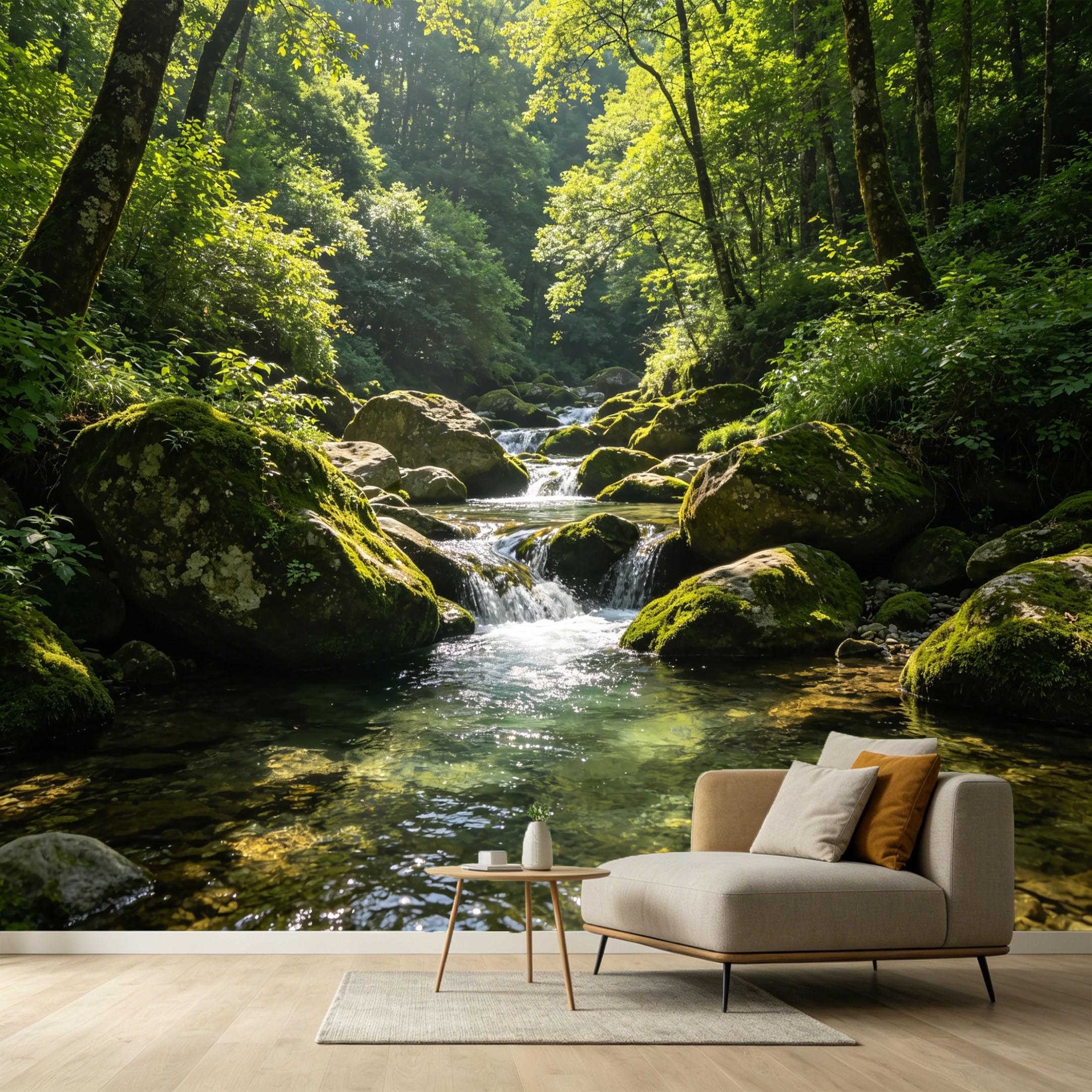 Custom Size Wall Murals Forest Stream Landscape Mossy Rocks Sunlight Waterfall SelfAdhesive Wall Fabric Removable Large Wallpaper for Photo Living Room Interior Decor Wall Art