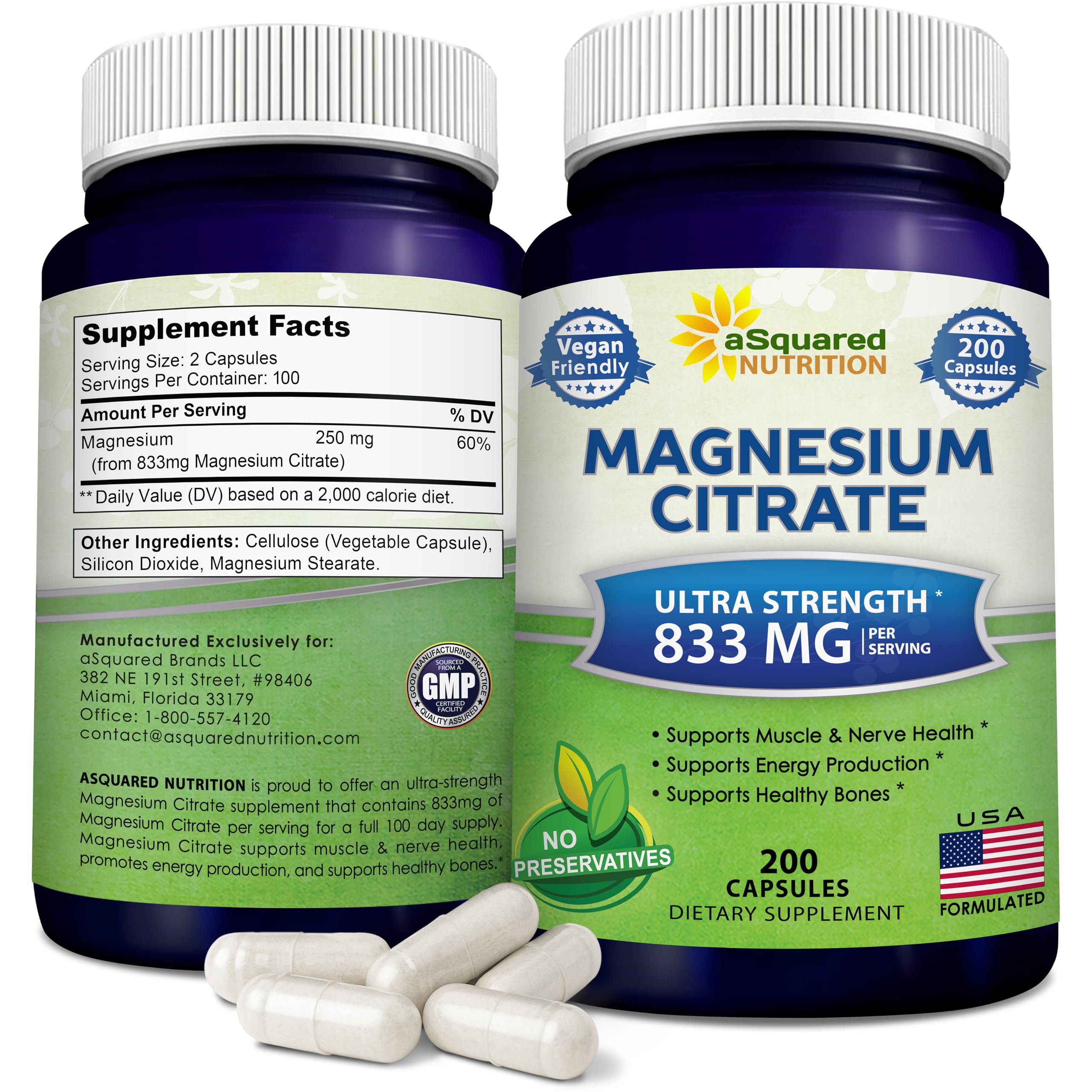 Sponsored Ad - aSquared Nutrition Magnesium Citrate 833mg Supplement - 200 Capsules - Max Strength Vegan Mag Citrate Powder Pills to Support Pure Function of Muscles, Heart & Bones - Helps Increase Energy