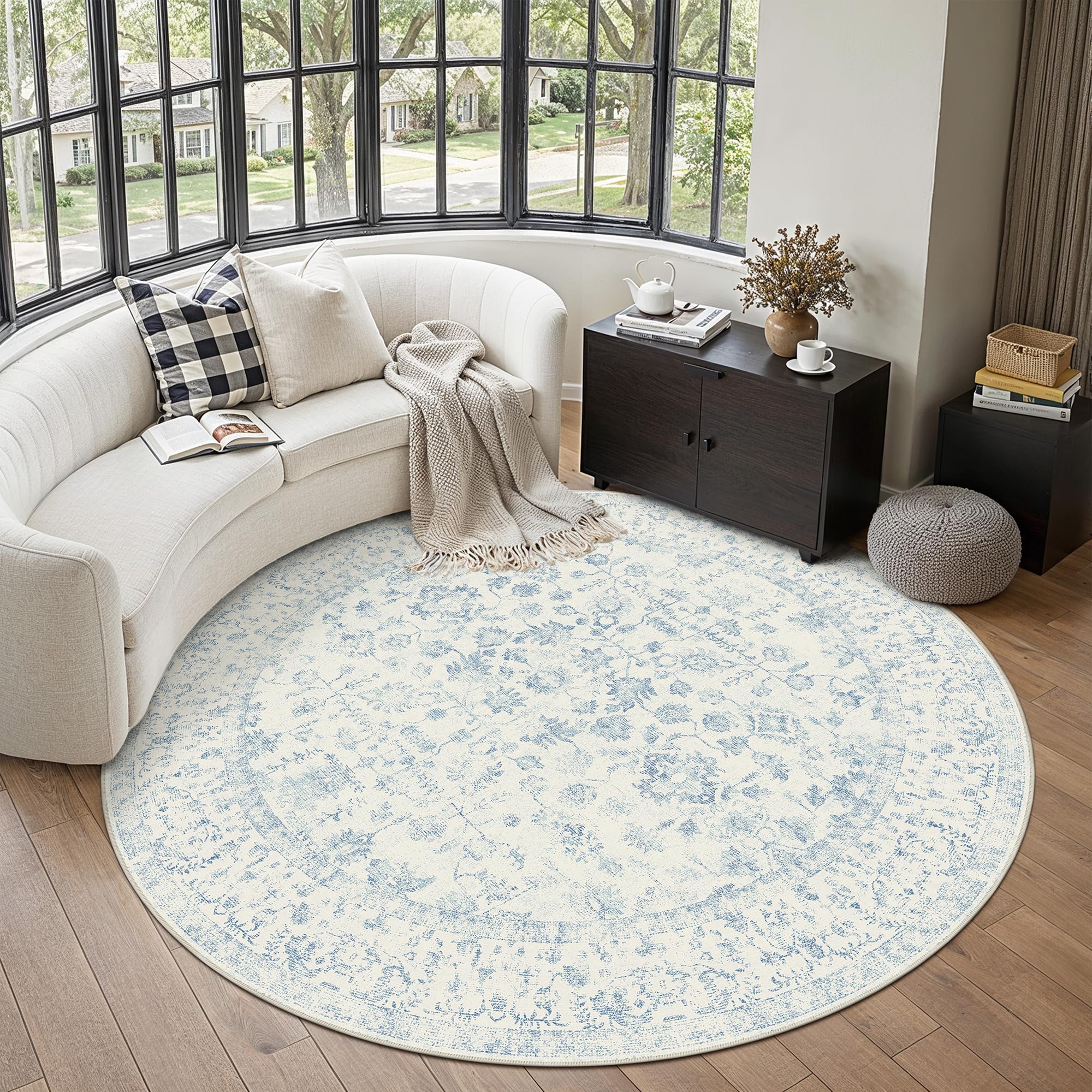 PureCozy Blue 6x6 Round Area Rug Vintage Washable Carpet Non Slip