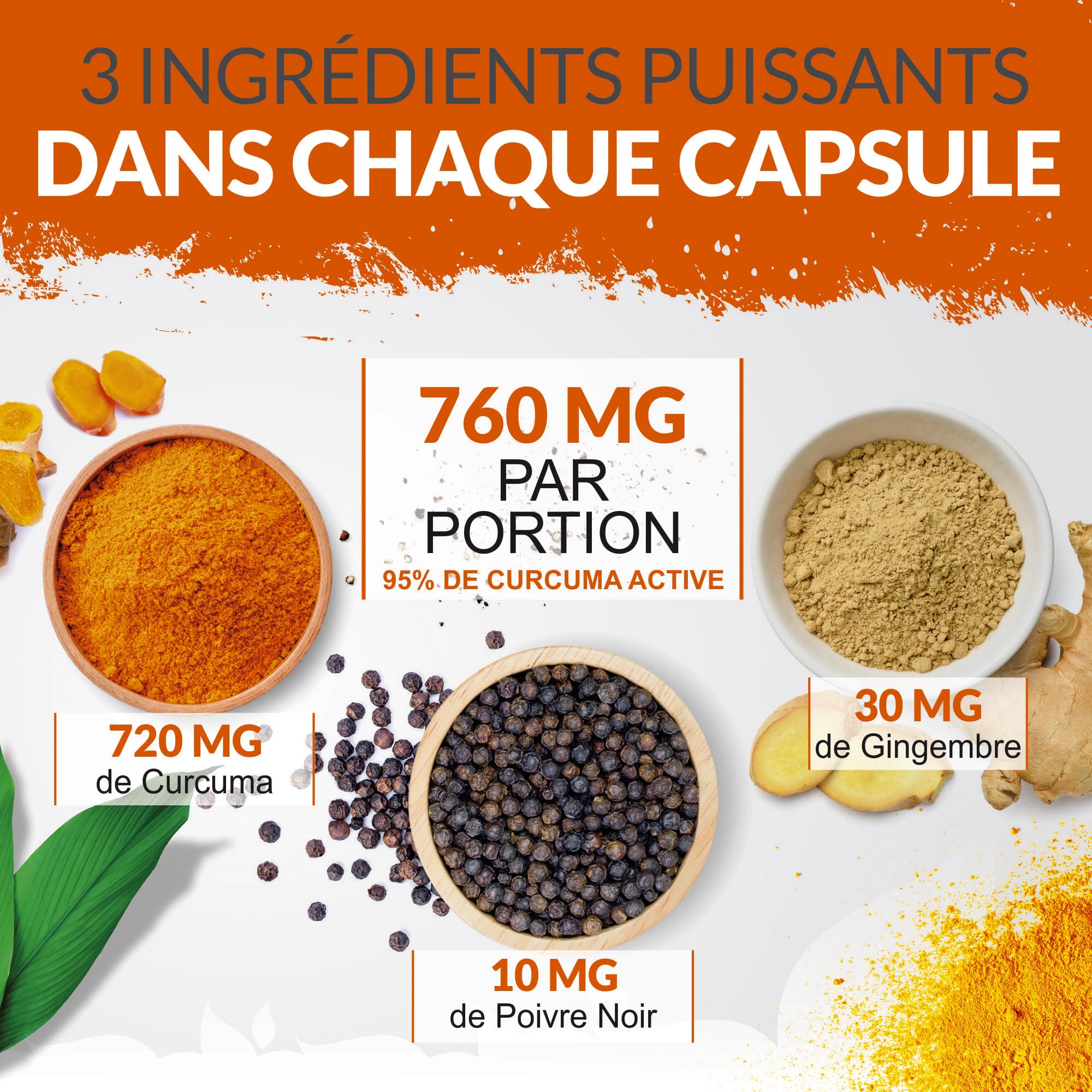 Curcuma Gingembre et Poivre Noir - 365 Gélules Vegan (1 An) - 95% de Curcumine - 720mg de Curcuma par Gélule de Haute Absorption - Fabriqué en Europe - Nu U Nutrition