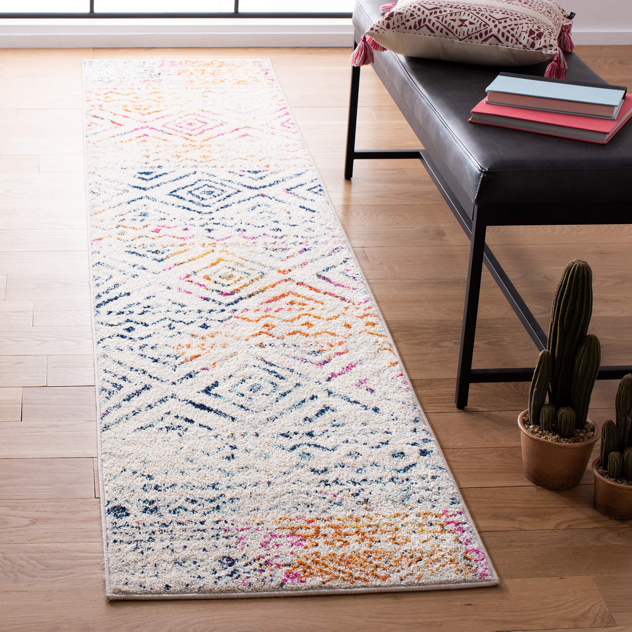 SAFAVIEH Tulum Collection Runner Rug - 2' x 11', Ivory & Fuchsia, Moroccan Boho Distressed Design, Non-Shedding & Easy Care, Ideal for High Traffic Areas in Living Room, Bedroom (TUL267E)