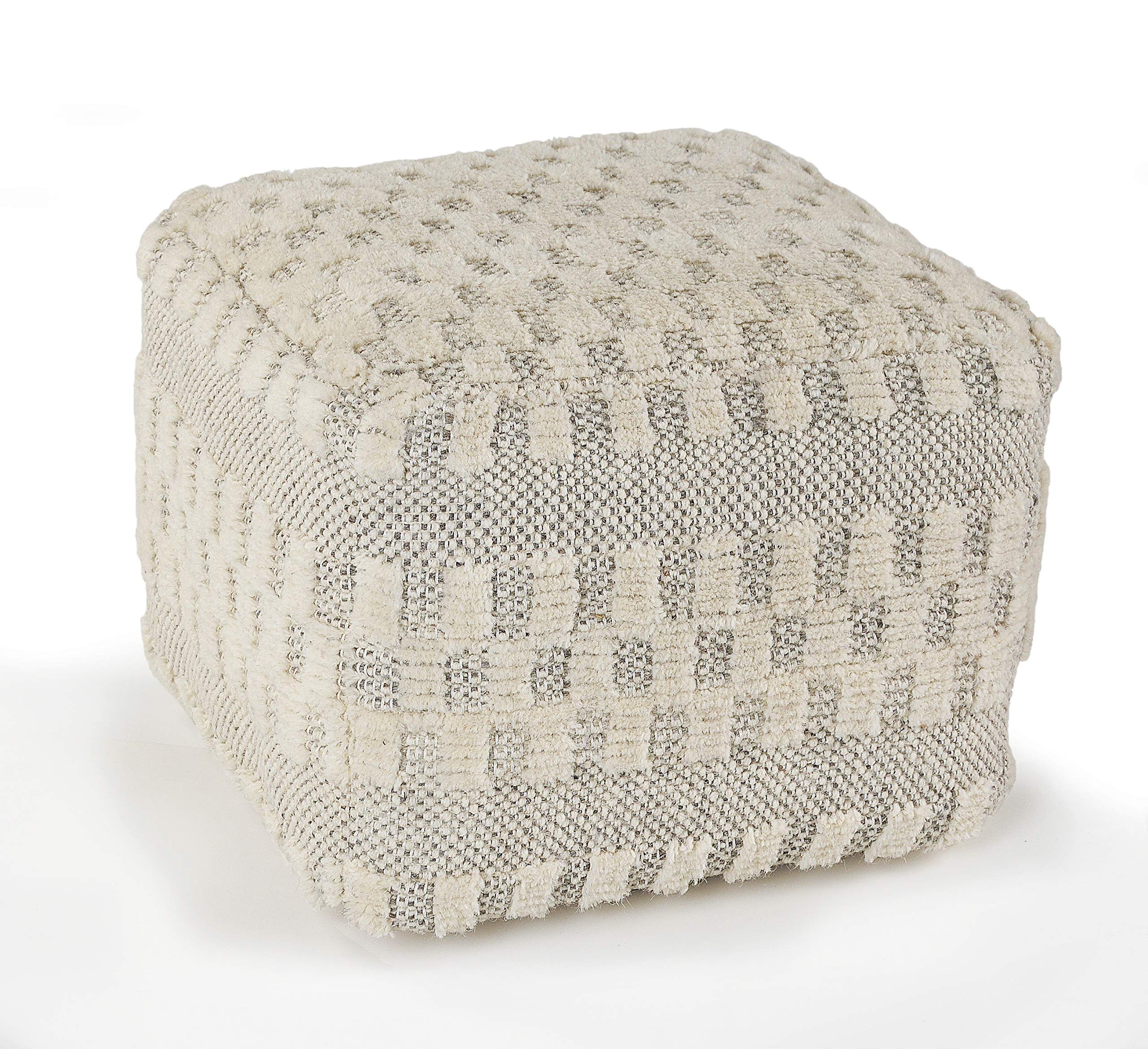 LR Home Tufted Checkered Geometric Pouf, 18" x 18" x 14", Cream/Light Gray-image-2