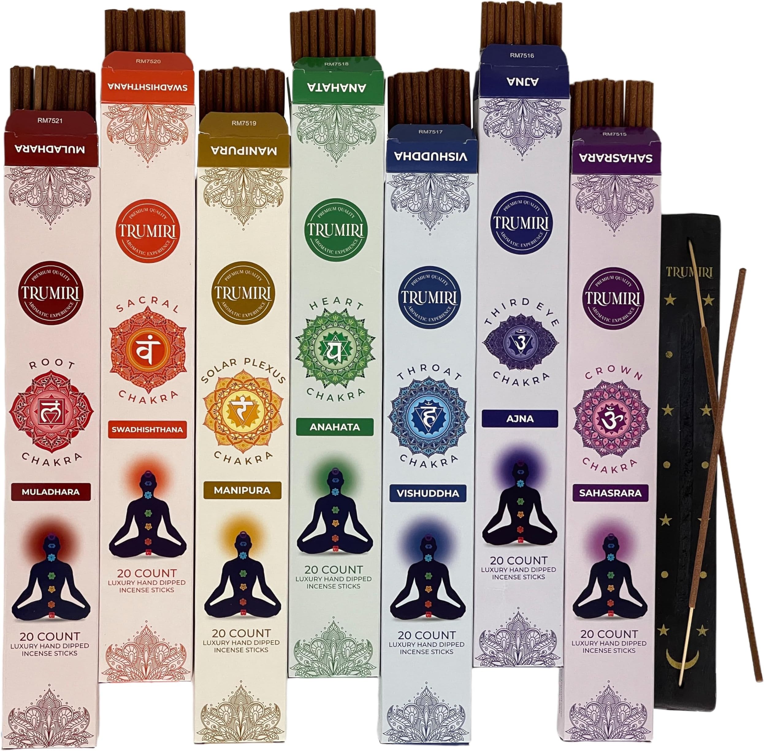 Chakra Incense Sticks - Total 120 Insence-Sticks (20 Insense x 6 Incents) - Incienso Incents-Sticks for 7 Chakra Meditation Muladhara Sacral Manipura Heart Throat Crown Ajna + Incense Holder