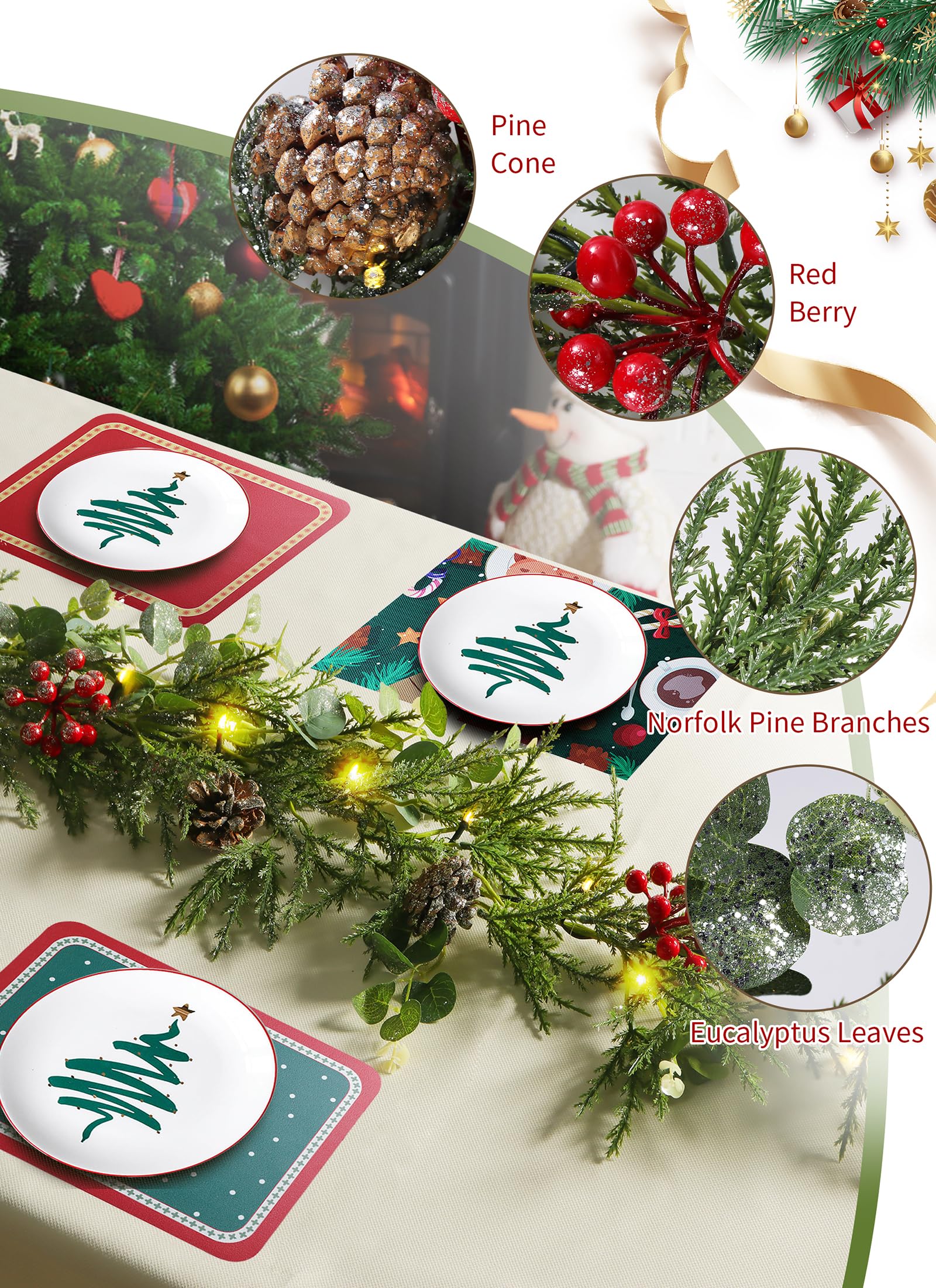 Brightown Guirnalda de Navidad con luces, luces LED de Navidad de 6 pies que funcionan con pilas con conos de pino, bayas, hojas de eucalipto, decoraciones de Navidad interiores para escaleras, puerta