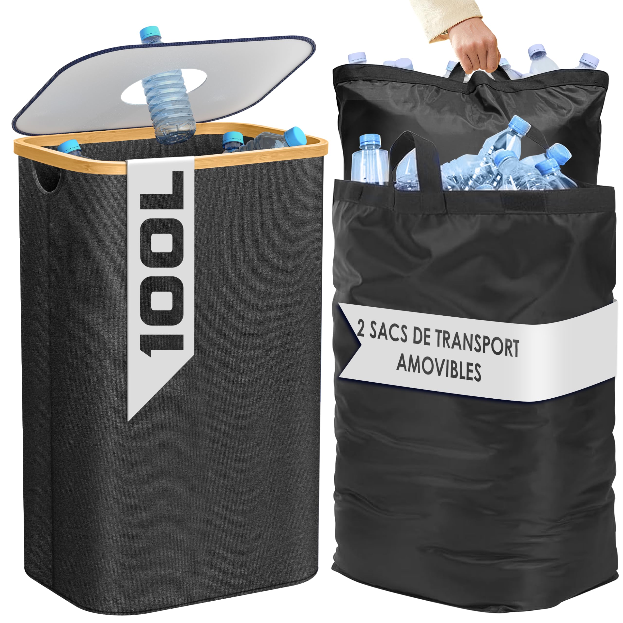 Poubelle Cuisine Tri Sélectif 100L Noir – Bac Recyclage Double Compartiment Bambou