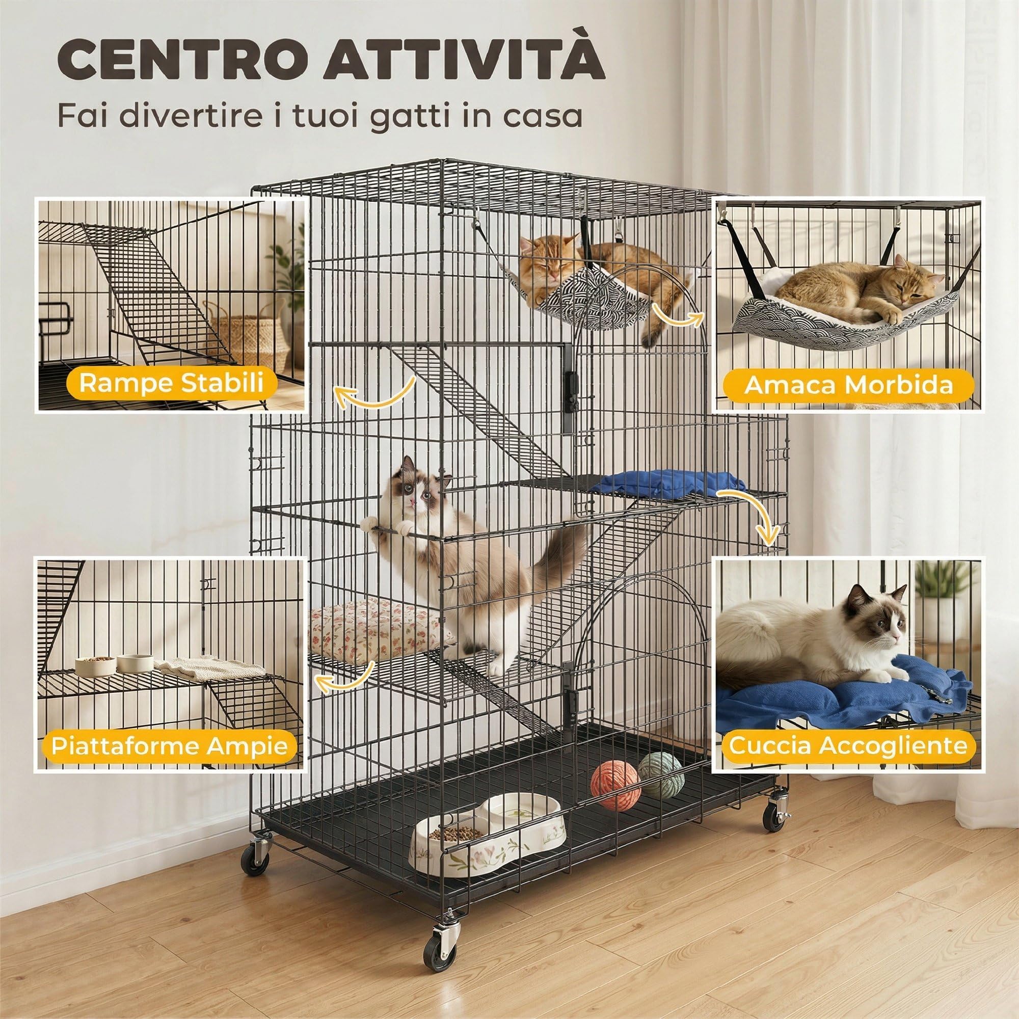 PawHut Gabbia per Gatti Grande 4 Livelli con Ruote, Recinto per Gatti da Esterno ed Interno in Metallo, Vassoio Estraibile, Amaca, Letto, Rampe, Piattaforme, per 1-2 Gatti, Scoiattoli Cincillà, Nero