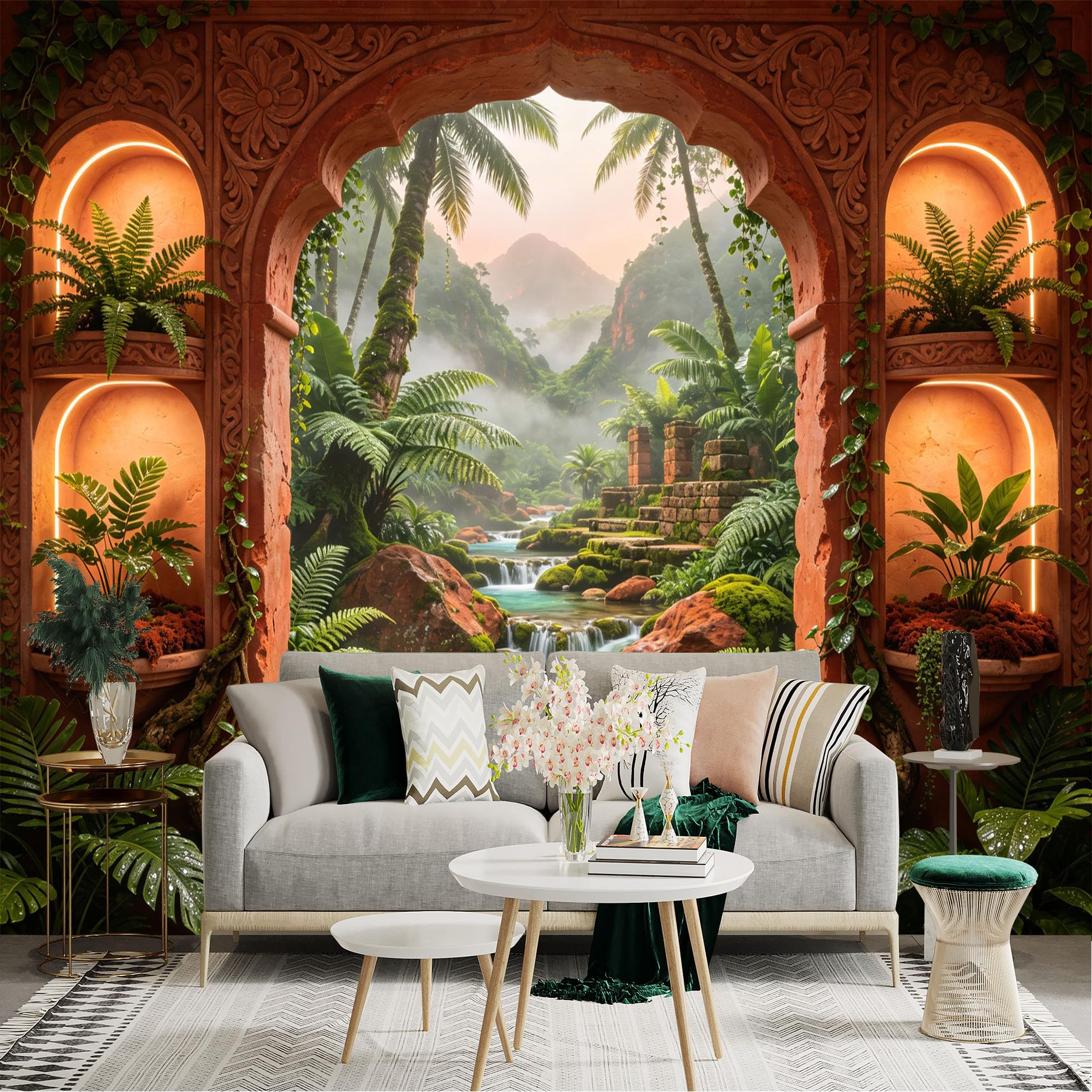 Custom Size Wall Sticker Mural， Tropical Jungle Waterfall with Ancient Ruins and Palm Trees， for wall Decoration， peelandstick wall Decals.