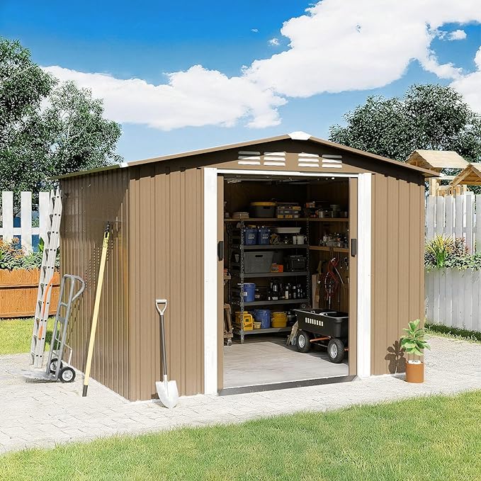 Gotland 8FT x 6FT Sheds & Outdoor Storage, Metal Storage Shed with Sloped Steps Waterproof Sloped Roof, 2 Lockable Slide Doors, Outdoor Shed for Backyard Patio Lawn Brown