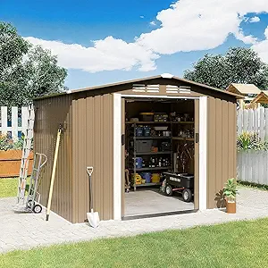 Gotland 8FT x 6FT Sheds & Outdoor Storage, Metal Storage Shed with Sloped Steps Waterproof Sloped Roof, 2 Lockable Slide Doors, Outdoor Shed for Backyard Patio Lawn Brown