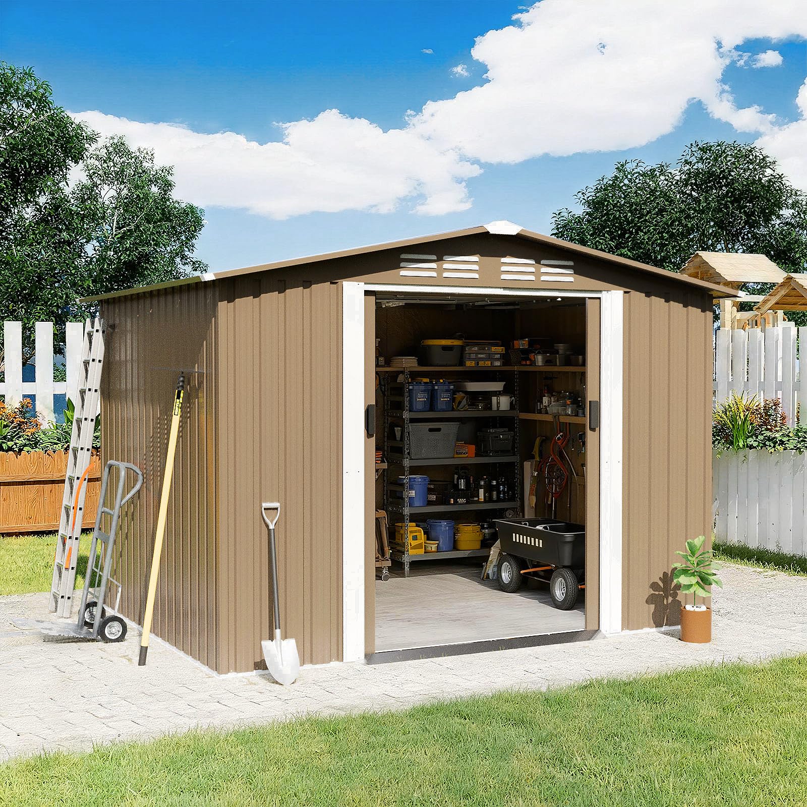 Gotland 8FT x 6FT Sheds & Outdoor Storage, Metal Storage Shed with Sloped Steps Waterproof Sloped Roof, 2 Lockable Slide Doors, Outdoor Shed for Backyard Patio Lawn Brown
