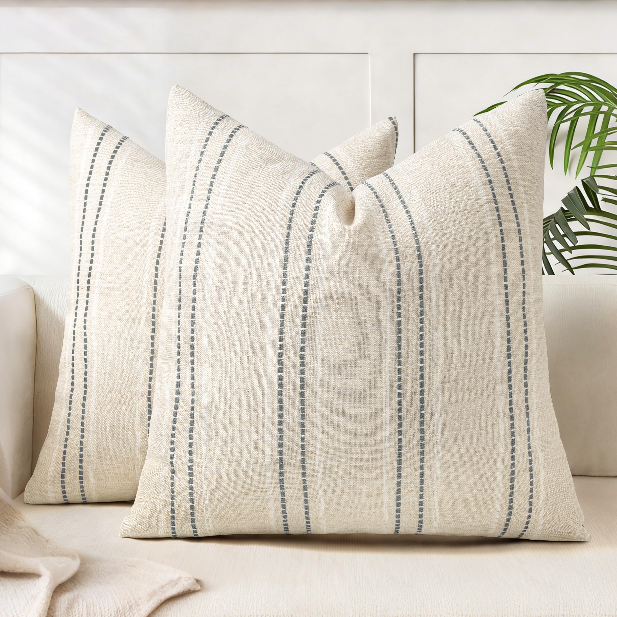 Aels Beige With White & Gray 20X20 Decorative Farmhouse Linen Throw Pillow Covers, Boho Textured Pillow Case, Set Of 2, Stitch Yarn Dyed Stripe Cushion Cover For Sofa Couch Living Room (Cover Only)