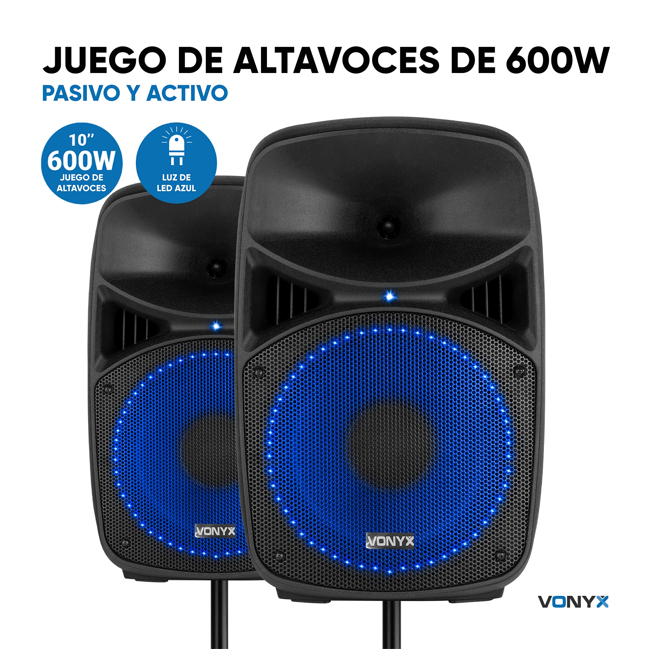 Vonyx VPS102A – Sistema de Sonido Activo 600W con 2 Altavoces 10”, Bluetooth, USB, SD, micrófono, Soportes y LED rítmicos, Altavoz Karaoke portátil Potente para Fiesta y DJ, Color Negro