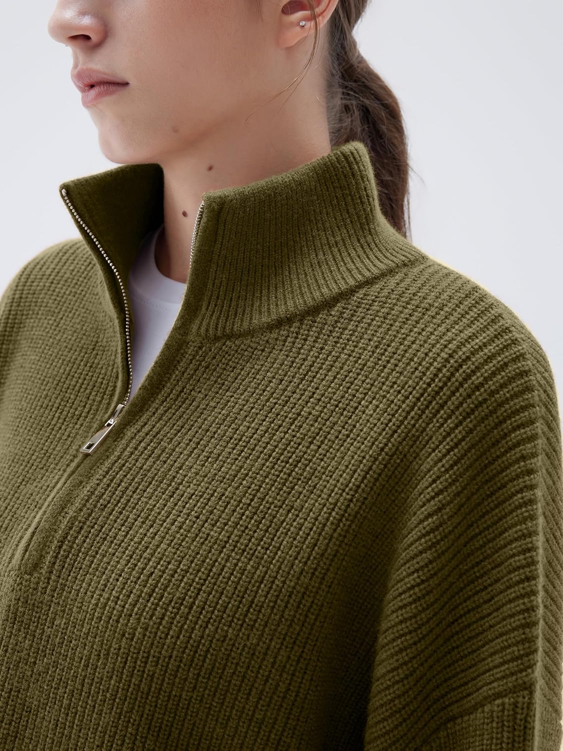 SUUKSESS Women Cashmere Blend Oversized Quarter Zip Pullover Sweater Long Sleeve Collared Ribbed Knit Jumper Tops