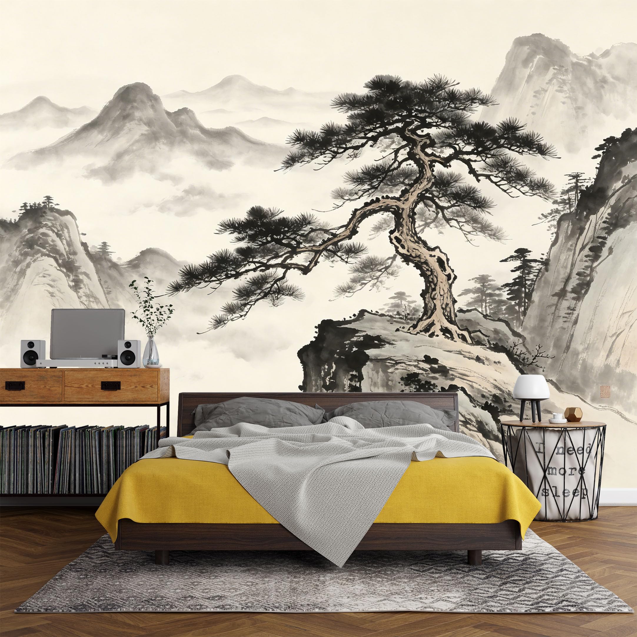 Custom Size Wall Mural， Mountain Landscape Ink Pine Misty Valley Asian Art，SelfAdhesive Art Prints wall Fabric (No PVC) Removable Wallpaper Living Room Decor