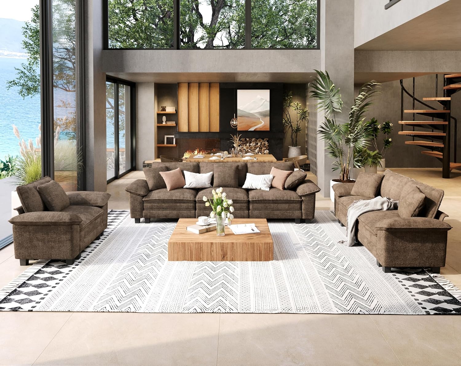 3 Piece Living Room Sofa Furniture Set, Chenille Modular Loveseat, Cloud Chair, and 3-Seat Couch with Pillow, Oversized 6-Seat Modern Sectional Deep Sofa for Apartment, Taupe