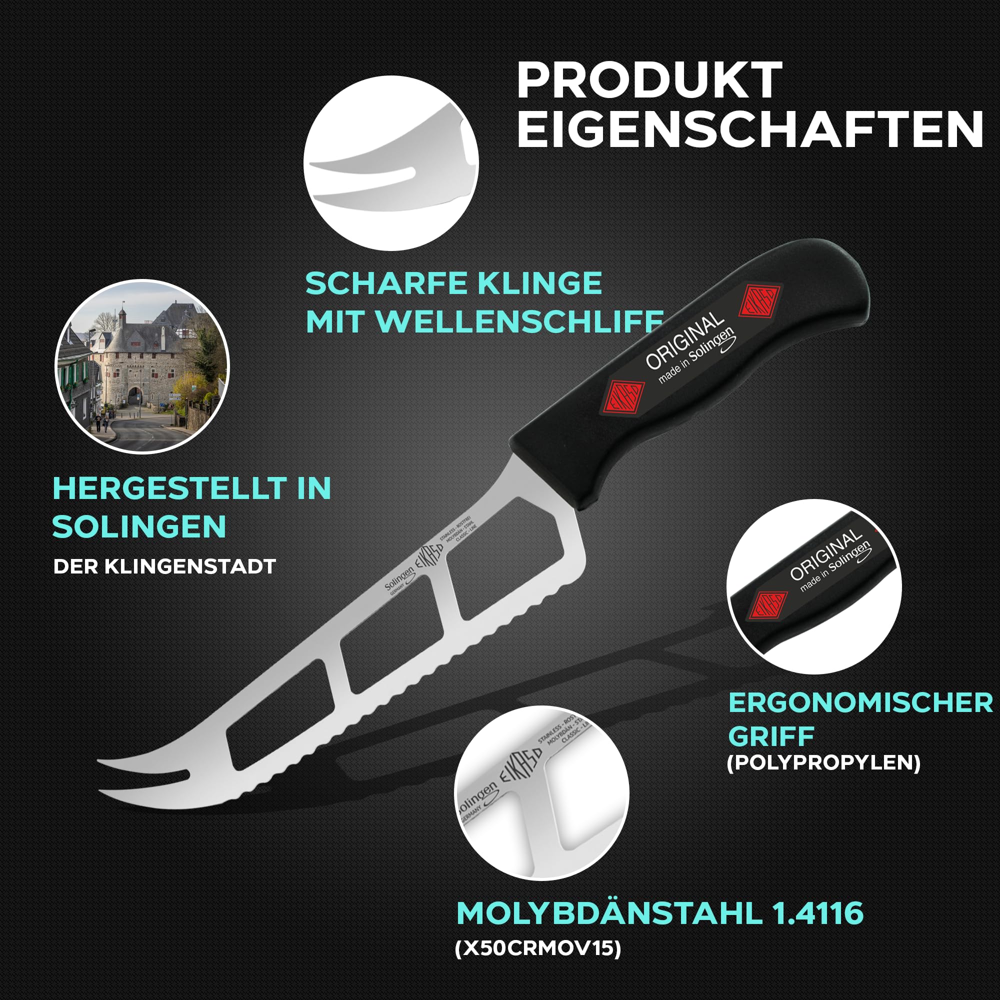 EIKASO Solingen Germany Küchenmesser Set 6-Teilig Kochmesser Set Santokumesser Brotmesser aus Molybdänstahl 1.4116 für Profis und Privat