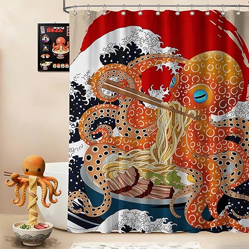 Miniatura 34 de Divertida cortina de ducha con diseño de gato japonés para juegos de decoración de baño, tela de tela impermeable con ganchos, 70 x 72 pulgadas