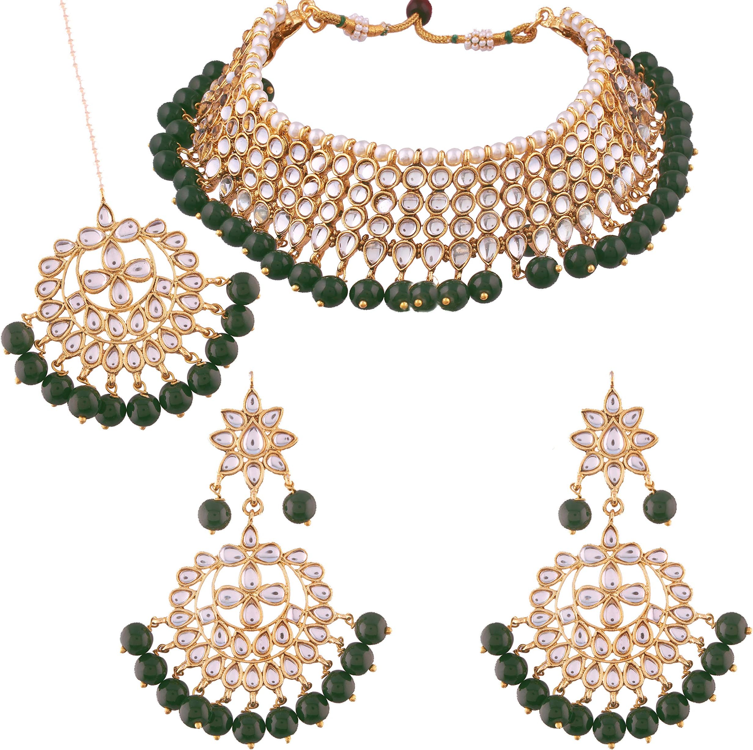 I Jewels 18K Gold Plated Traditional Handcrafted Kundan & Pearl Studded Choker Necklace Jewellery Set With Earrings & Maang Tikka For Women