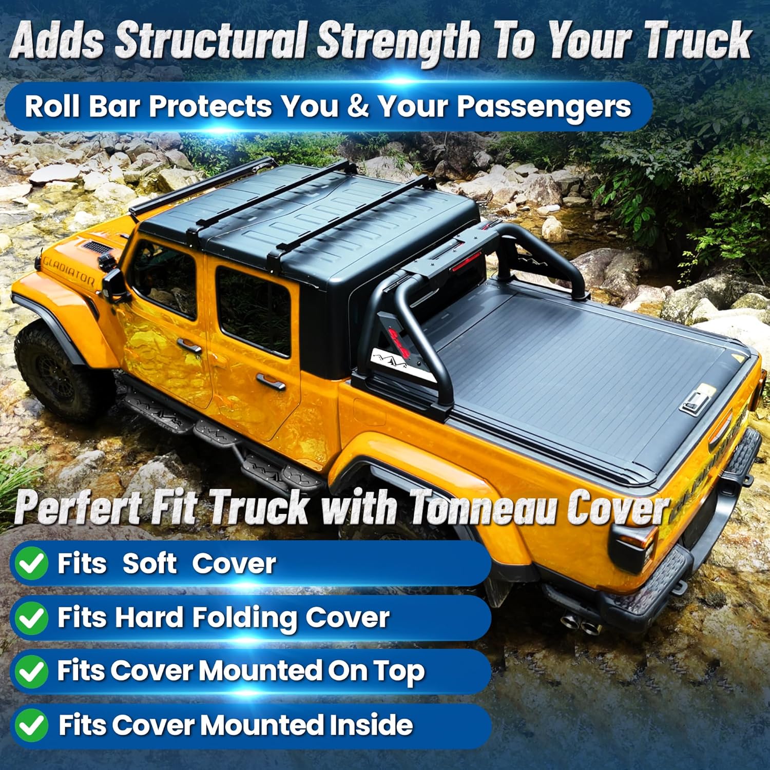 Adjustable Roll Bar for Mid Size Pickup Truck, OSOTORERO Roll Bar for Truck Roll Bar Sport Bar Chase Rack with Brake Lights Compatible with Tacoma, Ranger, Colorado, Canyon, Frontier, Gladiator