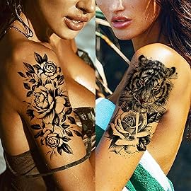 JOEHAPY 67 Sheets Black Realistic Rose Flower Temporary Tattoos For Women Girls Arm Thigh, Peony Moon Tiger Floral Temp Sleeve Tattoo Sticker Adult, Waterproof Fake Tatoos That Look Real And Last Long