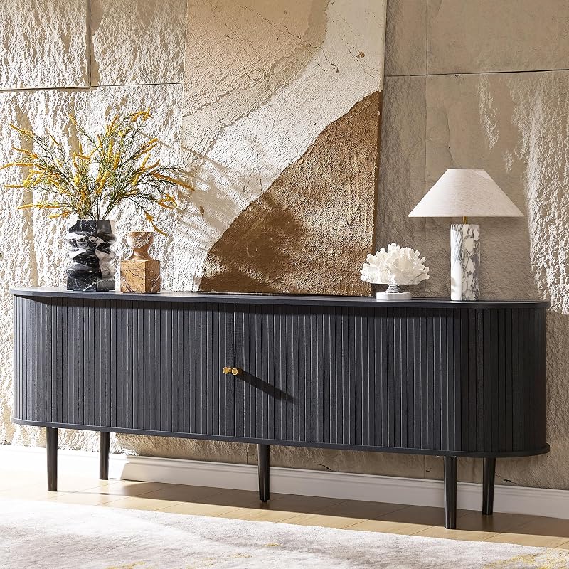 AMERLIFE 70" Mid-Century Modern Fluted TV Stand with Storage, Black