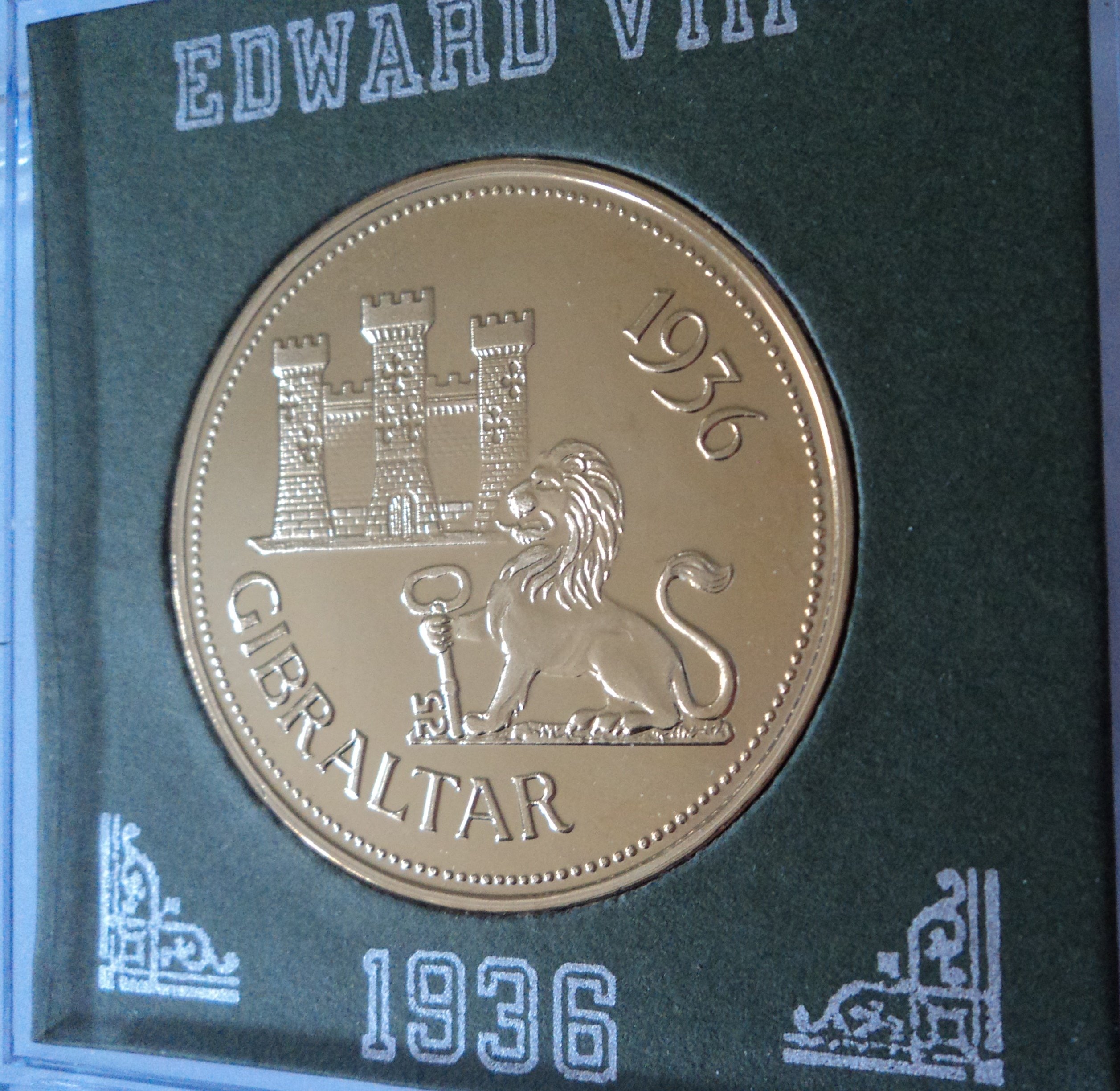 1936 Rock of Gibraltar King Edward VIII Abdicated Uncirculated Medallic Pattern Crown Coin in Display Case