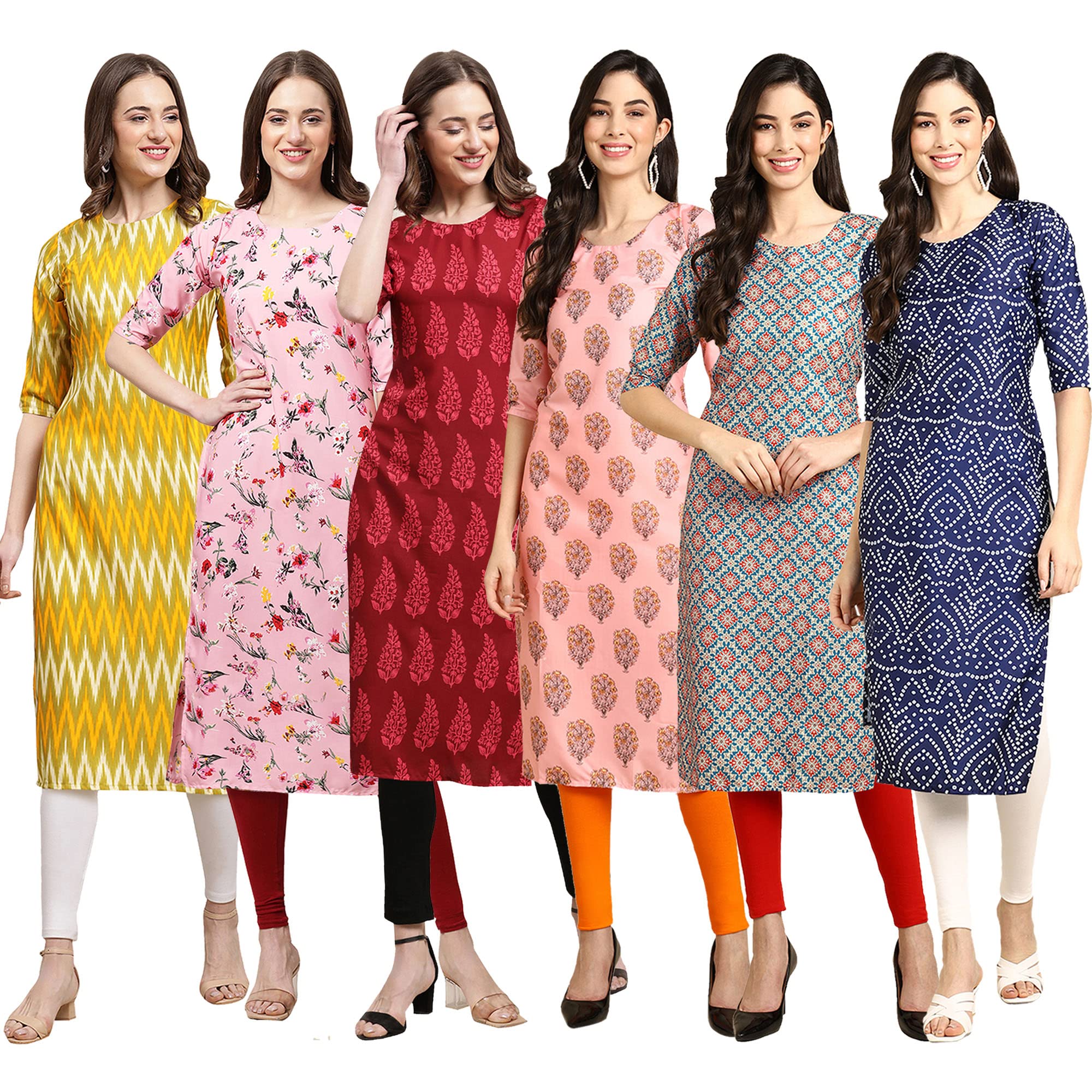 Pinkmint Women's Crepe Digital Print Straight Kurta Pack Of 6 [Cr-329-339-337-368-372-366-L]