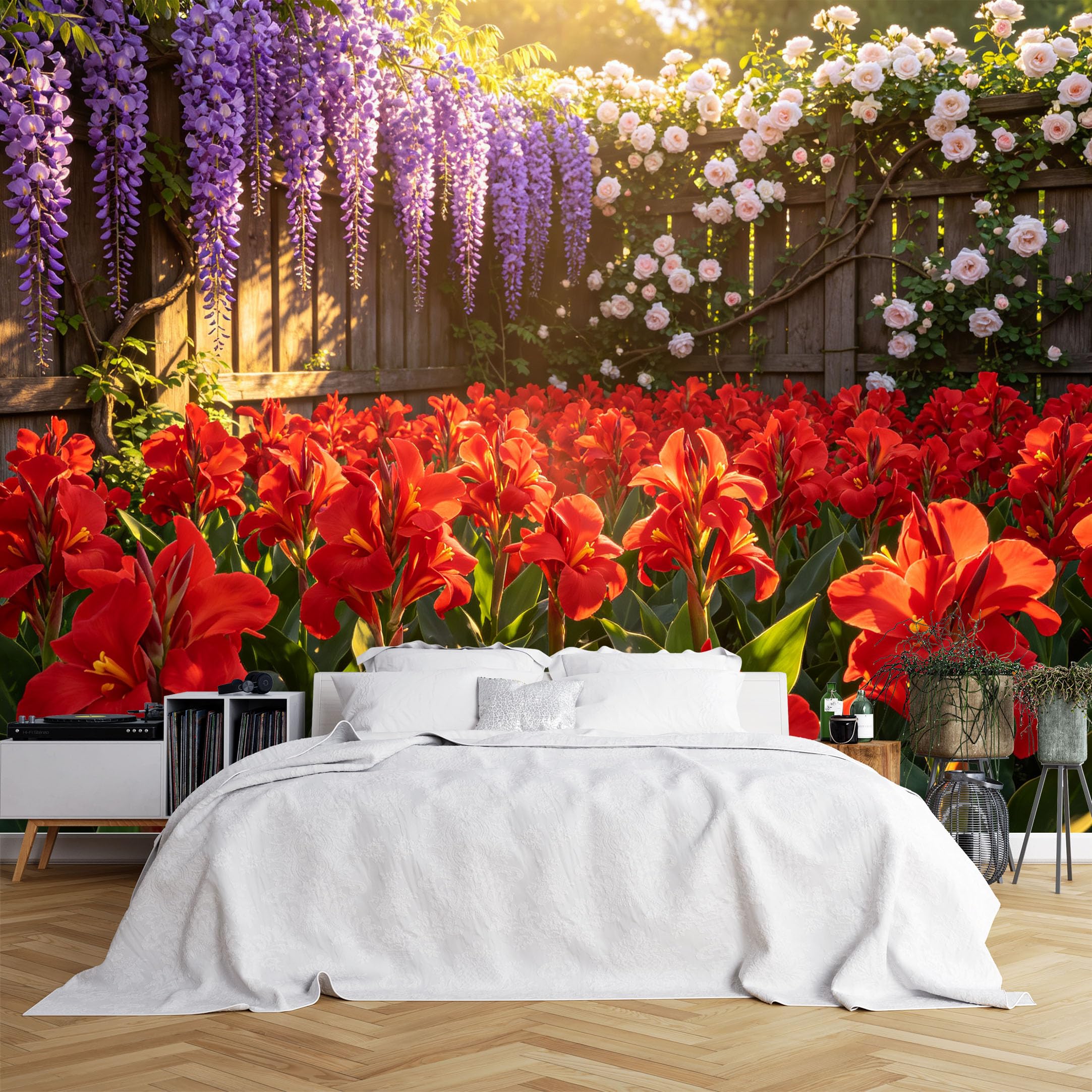 Lcythiazole Ch260615247 Custom Size Wall Murals Wisteria Rose Red Canna Floral Fence Large Photo Wallpaper Self-Adhesive Wall Fabric (No Pvc) Removable Wallpaper For Balcony Entryway