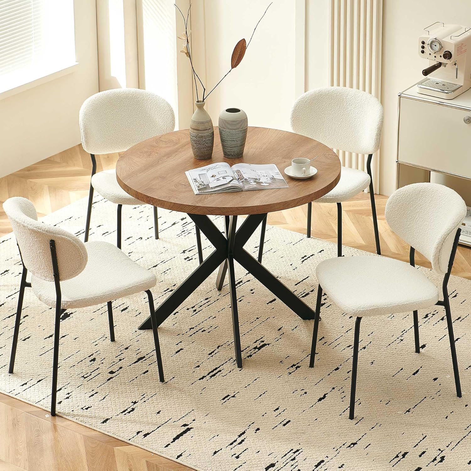 Homedot Round Dining Table Set for 4, Modern 5-Piece Kitchen Table Set, 37" Round MDF Living Coffee Table with 4 Seated Boucle Dining Chairs Upholstered, Metal Legs for Dining Hall, Living Room
