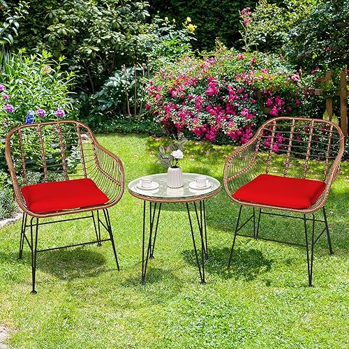 Miniatura 40 de Tangkula 3 Pieces Patio Bistro Set, Rattan Conversation Set with 2 Cushioned Armchairs & Round Glass Coffee Table, Indoor Outdoor Wicker Furniture