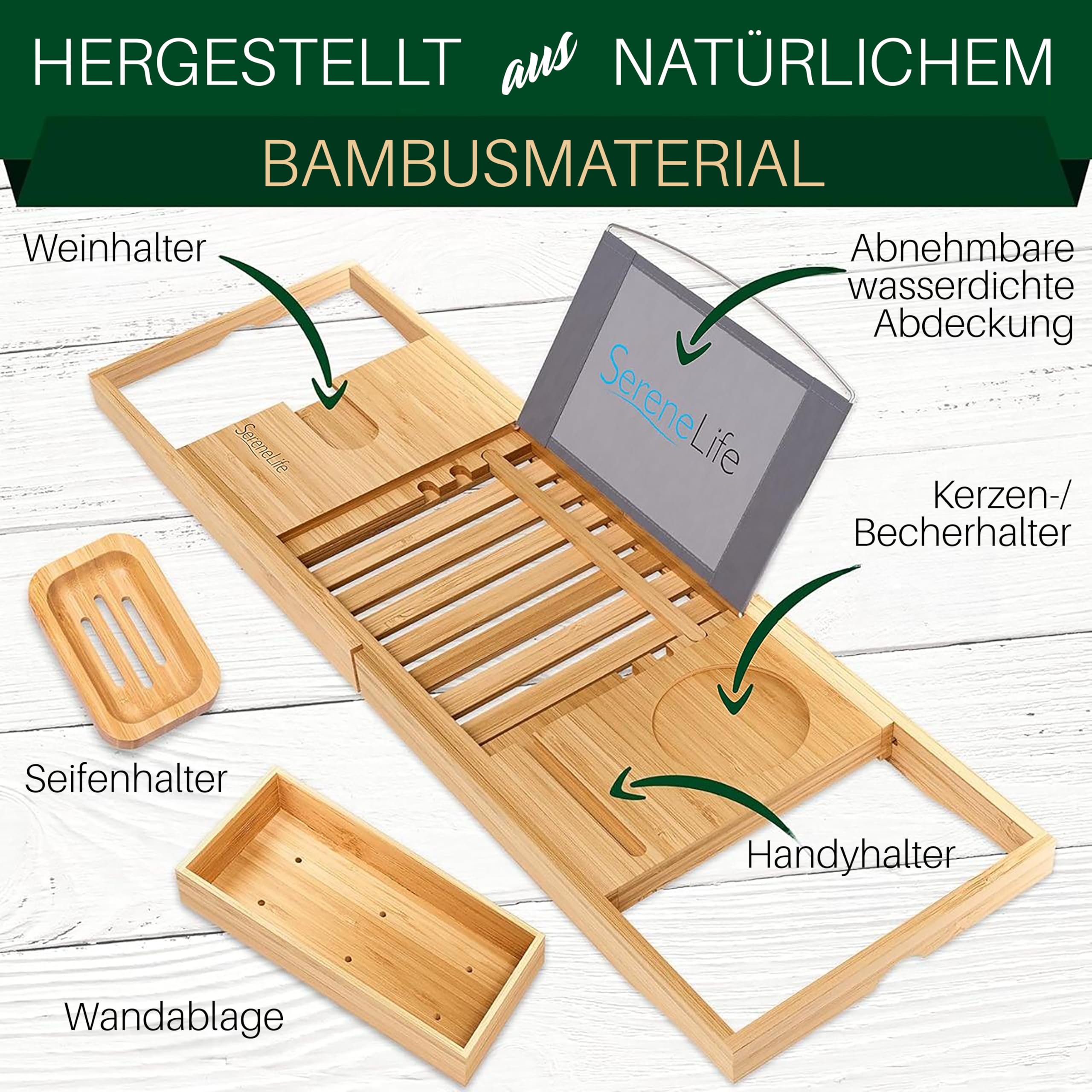SereneLife Badewannenablage Bambus Natur, ausziehbar mit Weinglashalter | Badewannenbrett Holz, 70–104 cm verstellbar, Tablethalter, Seifenablage, schimmelresistent, Geschenkbox