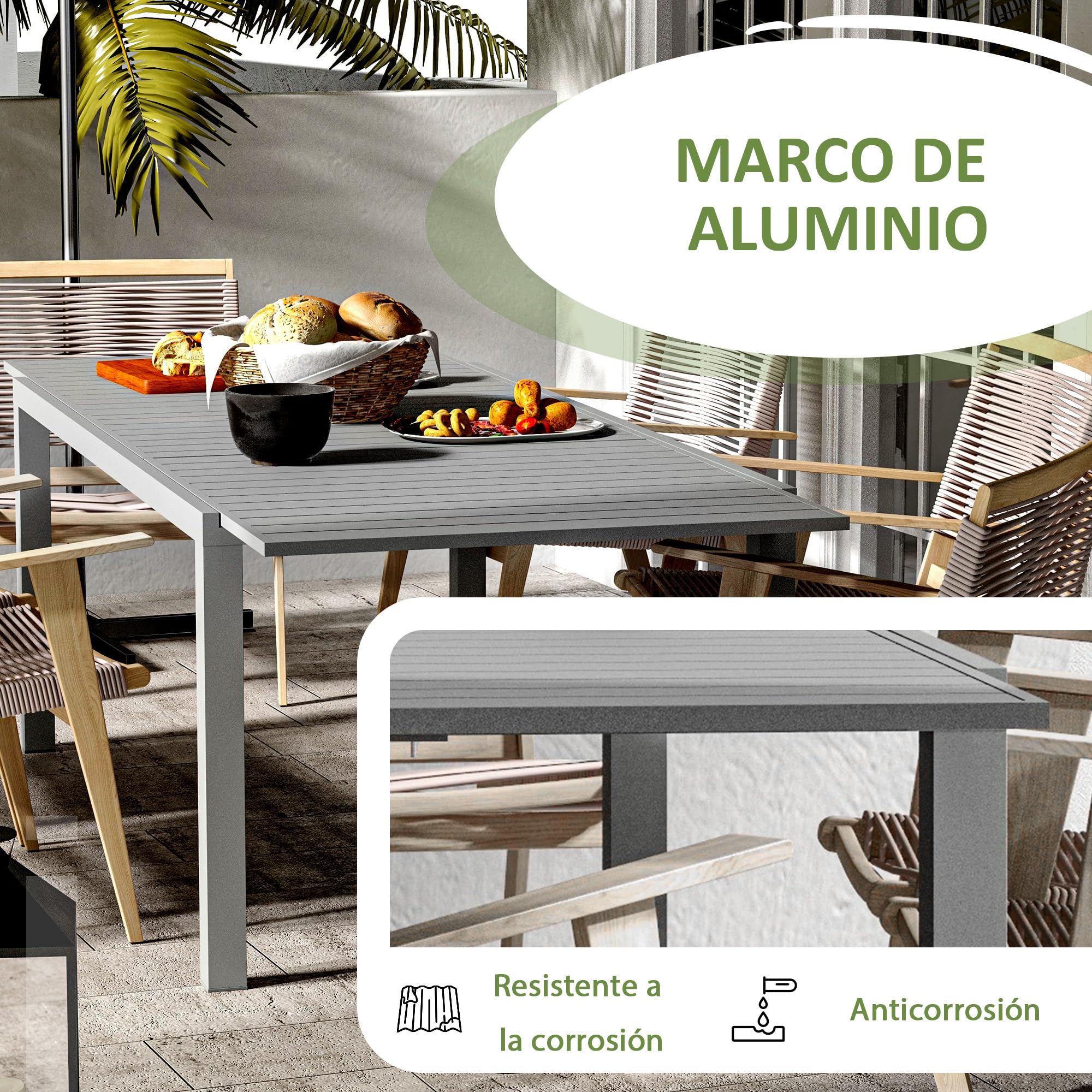 Outsunny Mesa de Jardín Extensible 180/240x94x73 cm Aluminio Gris Oscuro | Mesa de Comedor Exterior Rectangular, para 6-8 Personas, Carga 50 kg, para Balcón