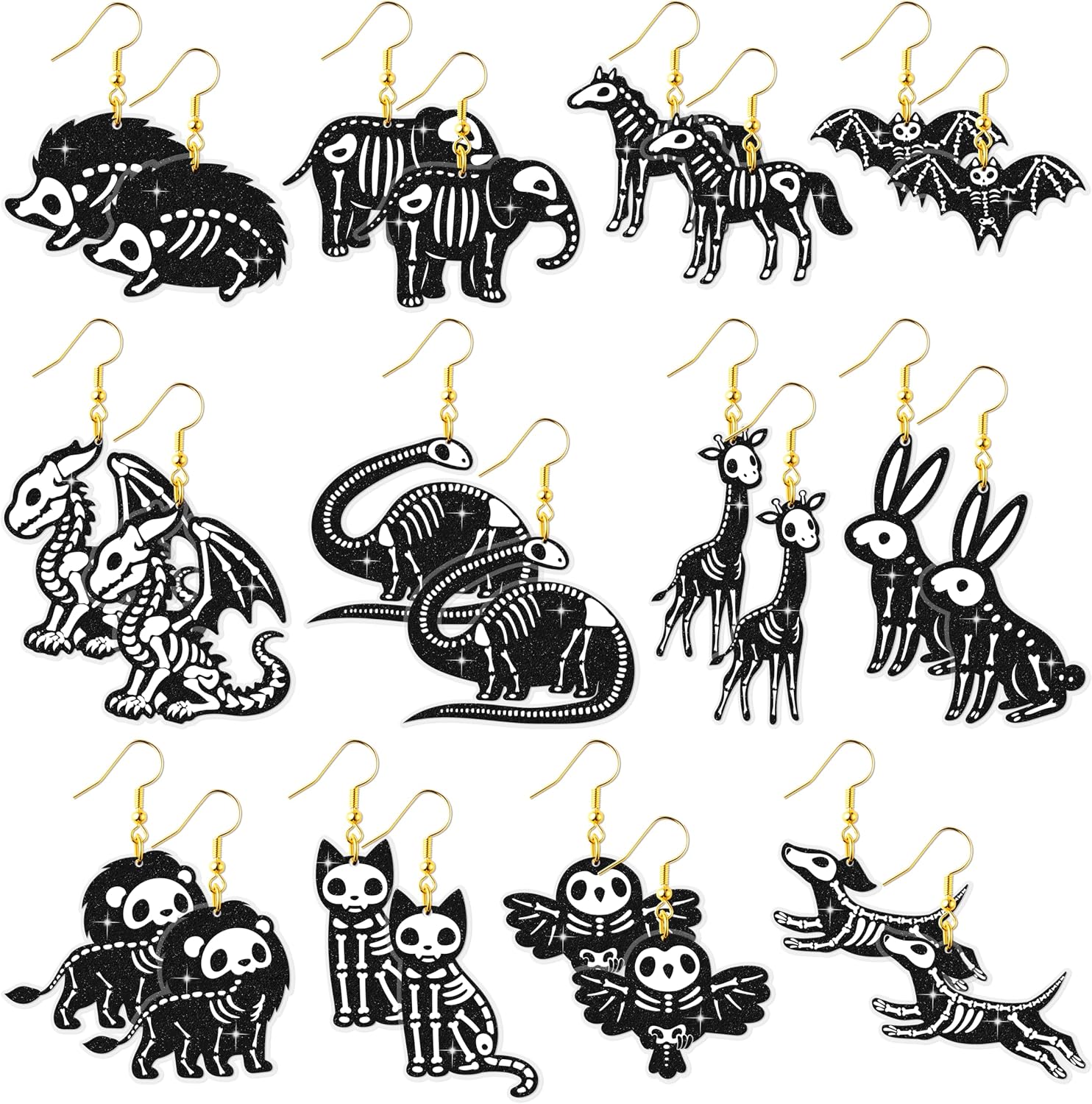 Skeleton Animal Skull Earrings - Skull Earrings Dangle for Women Teen, Halloween Jewelry Spooky Dangle Drop, Holiday Funny Dangling Accessories Set for Halloween Fun Gift (12 Pairs)