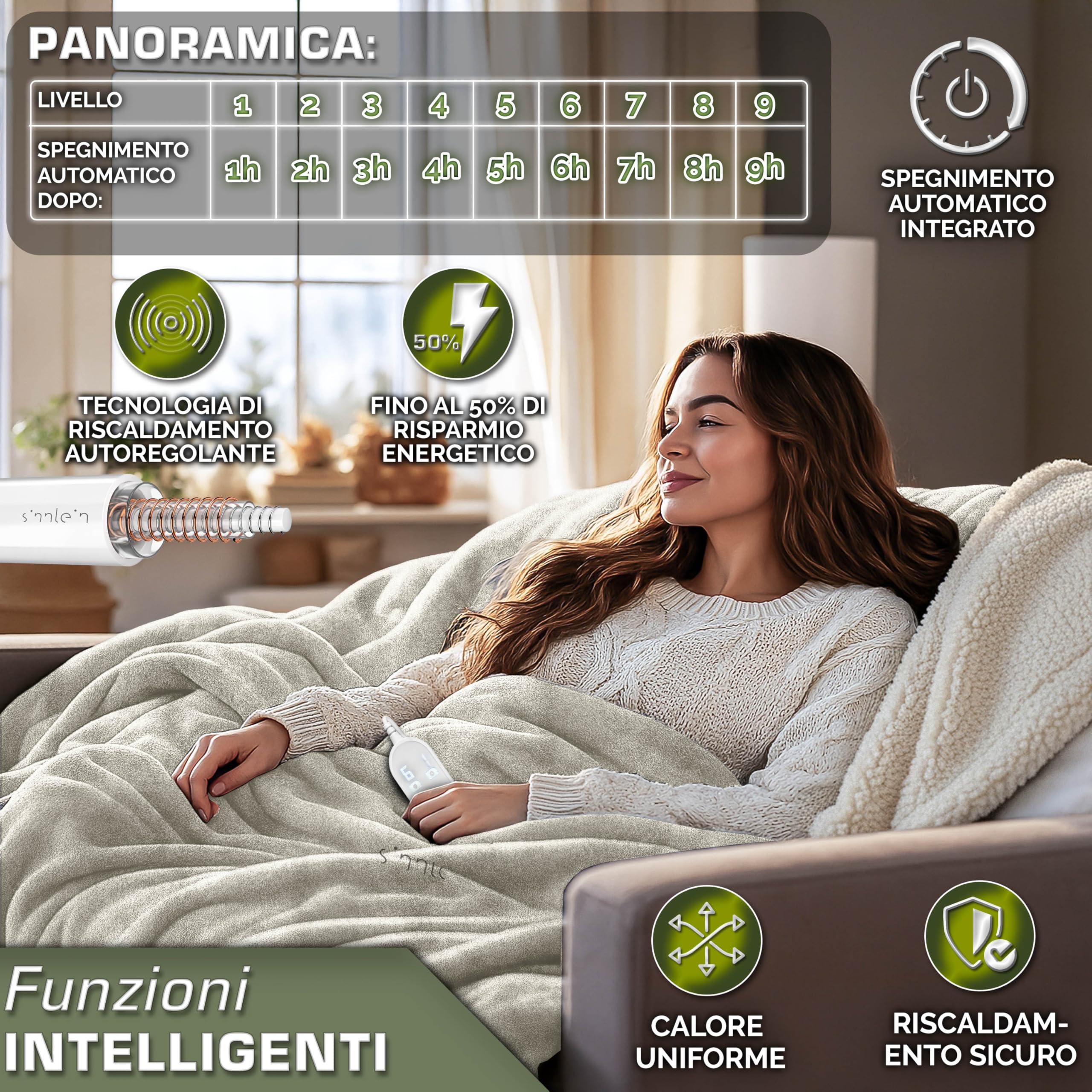 sinnlein® Coperta Elettrica 180x130cm con spegnimento automatico | 9 Livelli di Riscaldamento, Timer, Riscaldamento Rapido, Per Divano, Letto