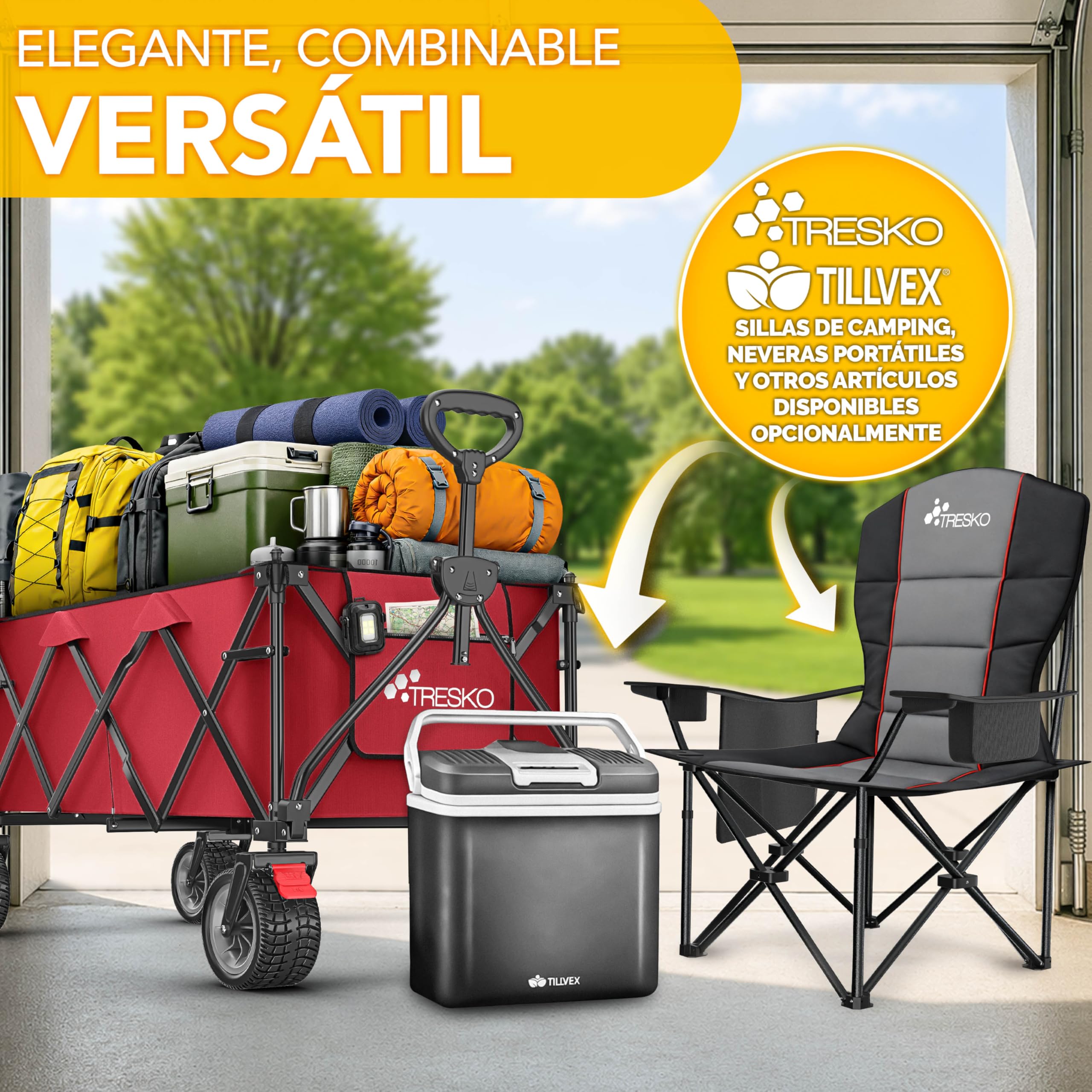 TRESKO® Carro plegable de 300 l con freno, carro de mano plegable, 150 kg, incluye neumáticos de goma maciza, carrito de playa plegable, ruedas extra anchas, con bolsa de transporte, color rojo