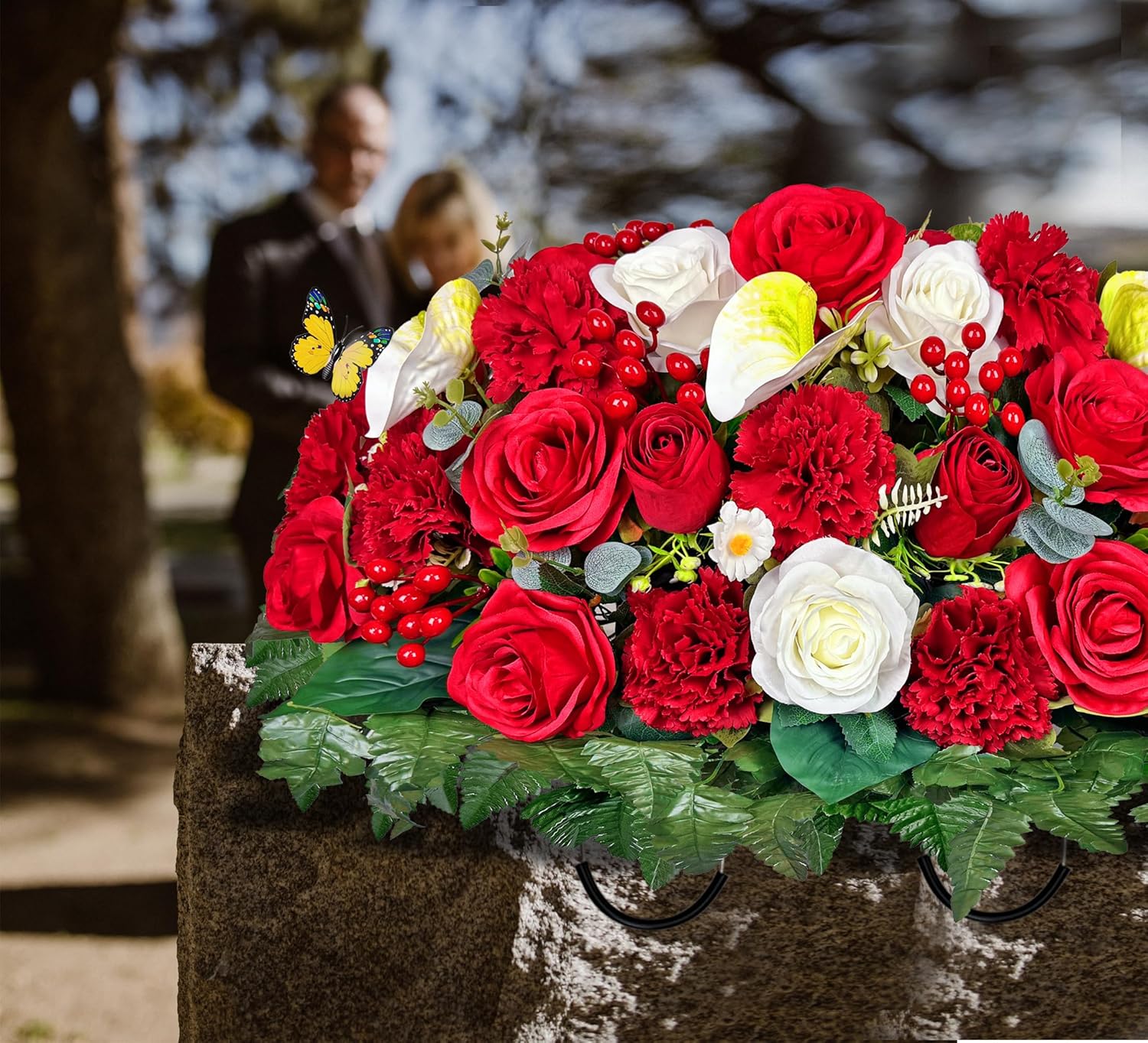 Artificial Cemetery Flowers - Headstone Flower Saddle - Outdoor Grave Decorations - Realistic Red Rose Carnation Mix Bouqet with 2 Lovely Butterflies