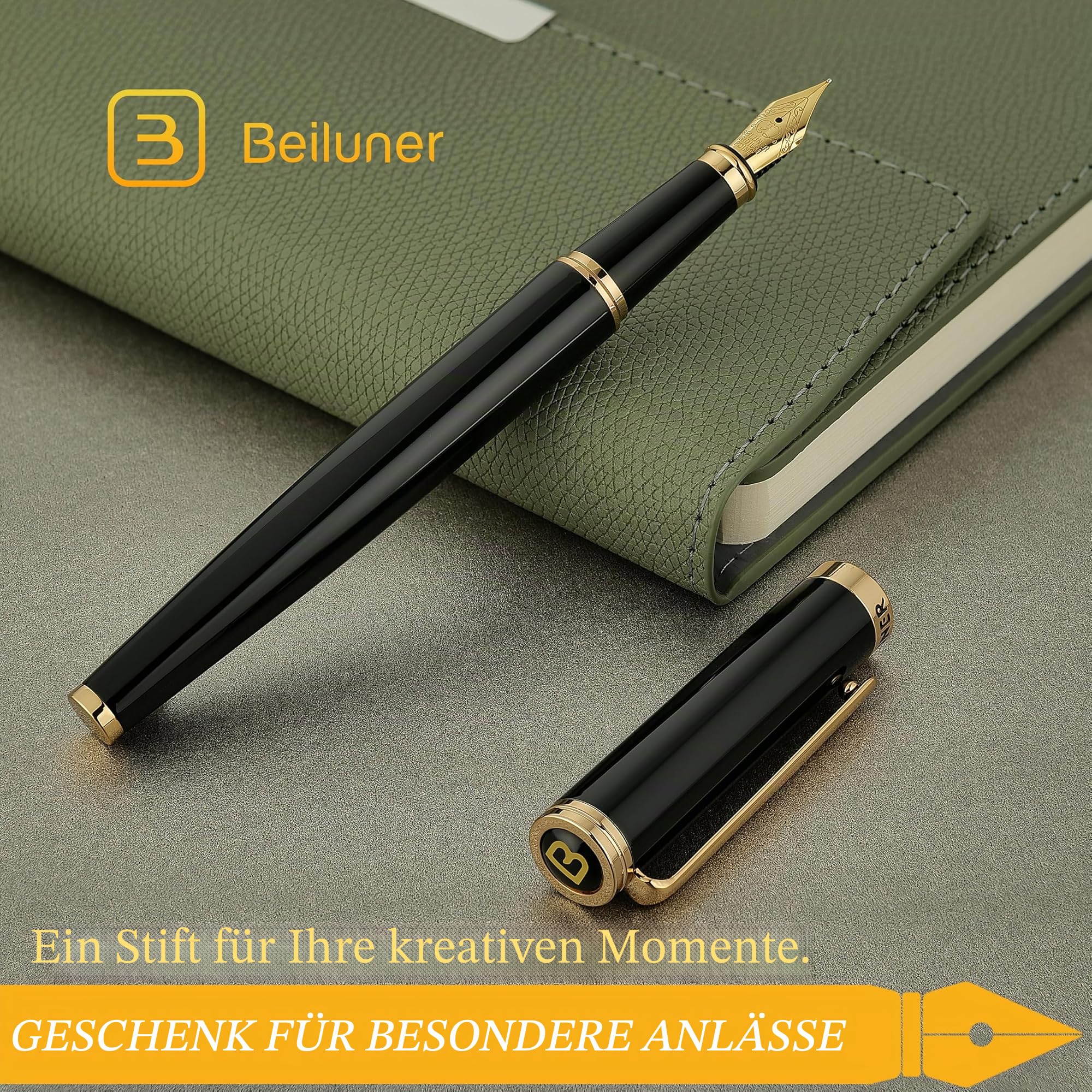 BEILUNER Füllfederhalter Schwarz, luxuriöser Schreibgerät mit 24K Gold-Akzenten & vergoldeter Feder (Fein), elegantes und zuverlässiges Geschenkset inkl. Konverter für Damen und Herren