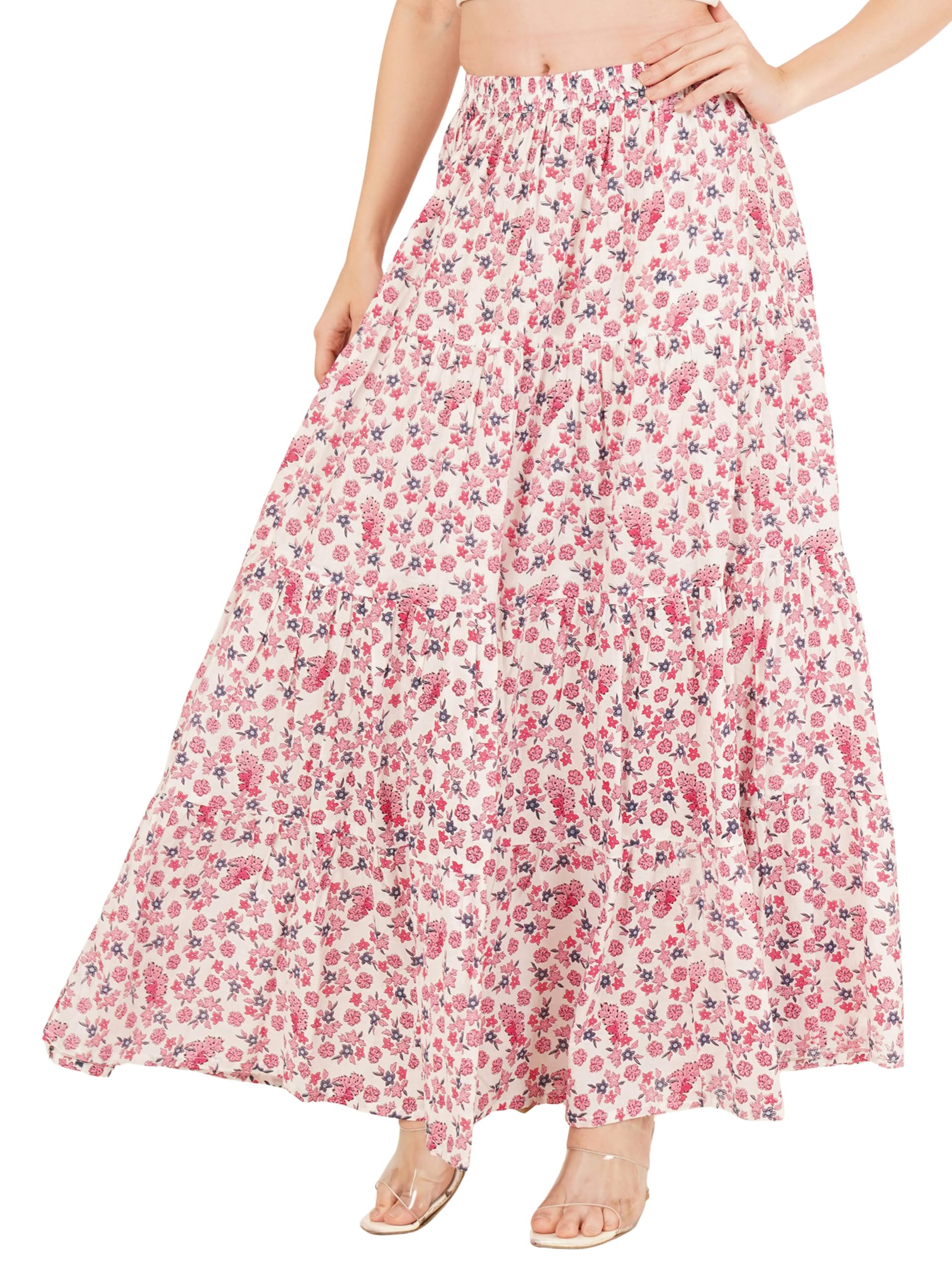 Floral Print Cotton Maxi Skirt, Pink and Navy Flowers, Full Length, Tiered Design, Elastic Waist, Summer Casual Style-image-7