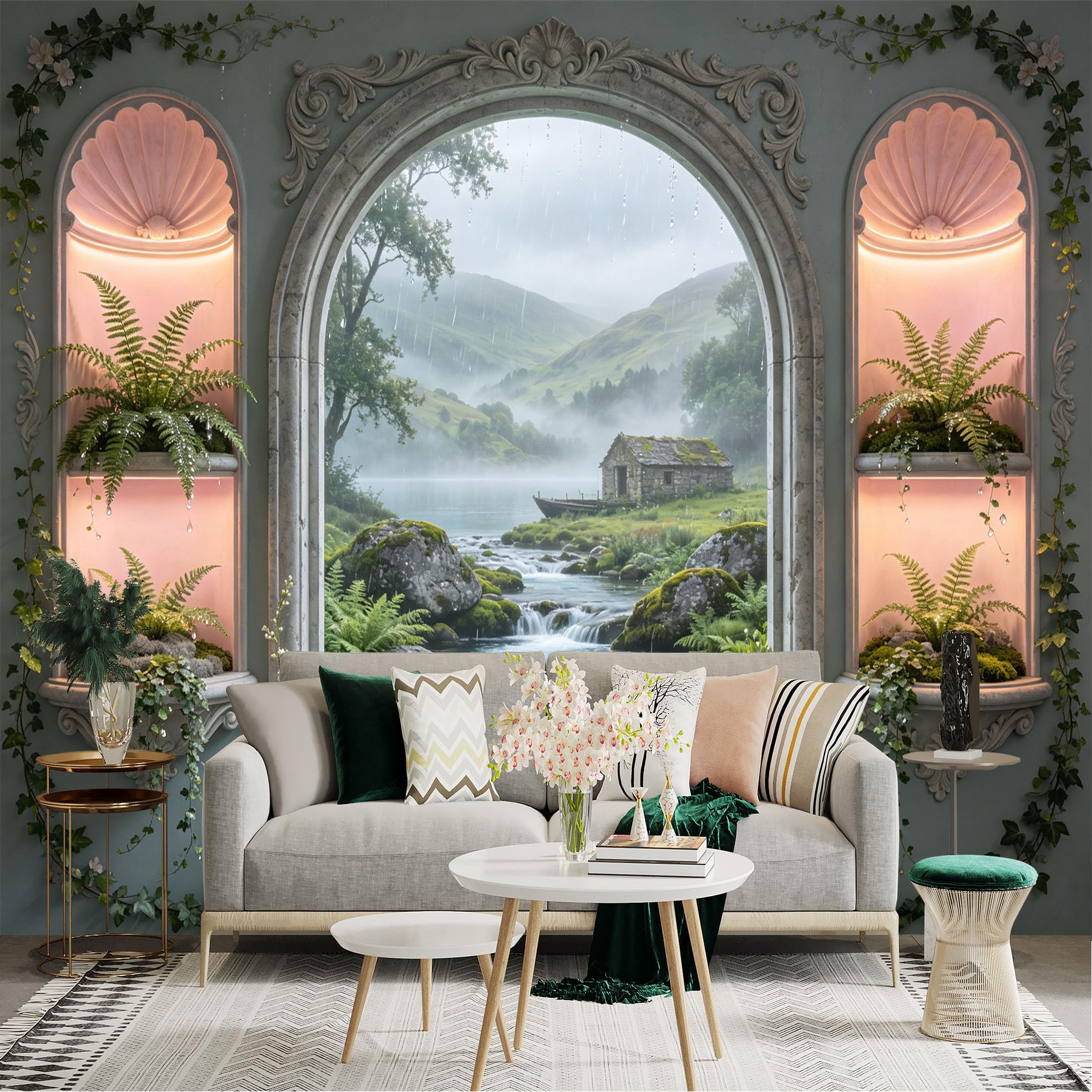 Lnzczhyre Dbh260521145 Custom Size Wall Sticker Mural， Scenic Window View With Misty Stream， Stone Cottage， Serene Nature Landscape， For Wall Decoration， Peelandstick Wall Decals.