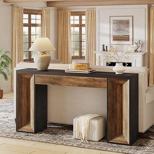 Miniatura 5 de Tribesigns Mesa consola de 63 pulgadas, mesa de entrada de granja con diseño de doble tono, mesa rectangular de madera para sofá detrás del sofá,