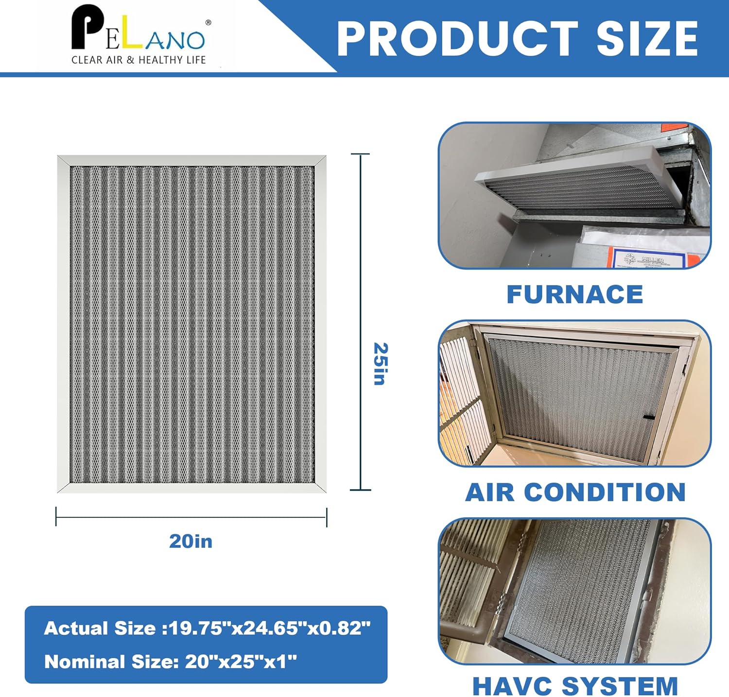 20x25x1 Reusable Air Filter, Electrostatic HVAC Air Filter, Lasts a Lifetime, Washable, Enjoy Fresher Air in Home and Office, MERV 8 (Actual Size:19.75x24.64x0.8 Inch)