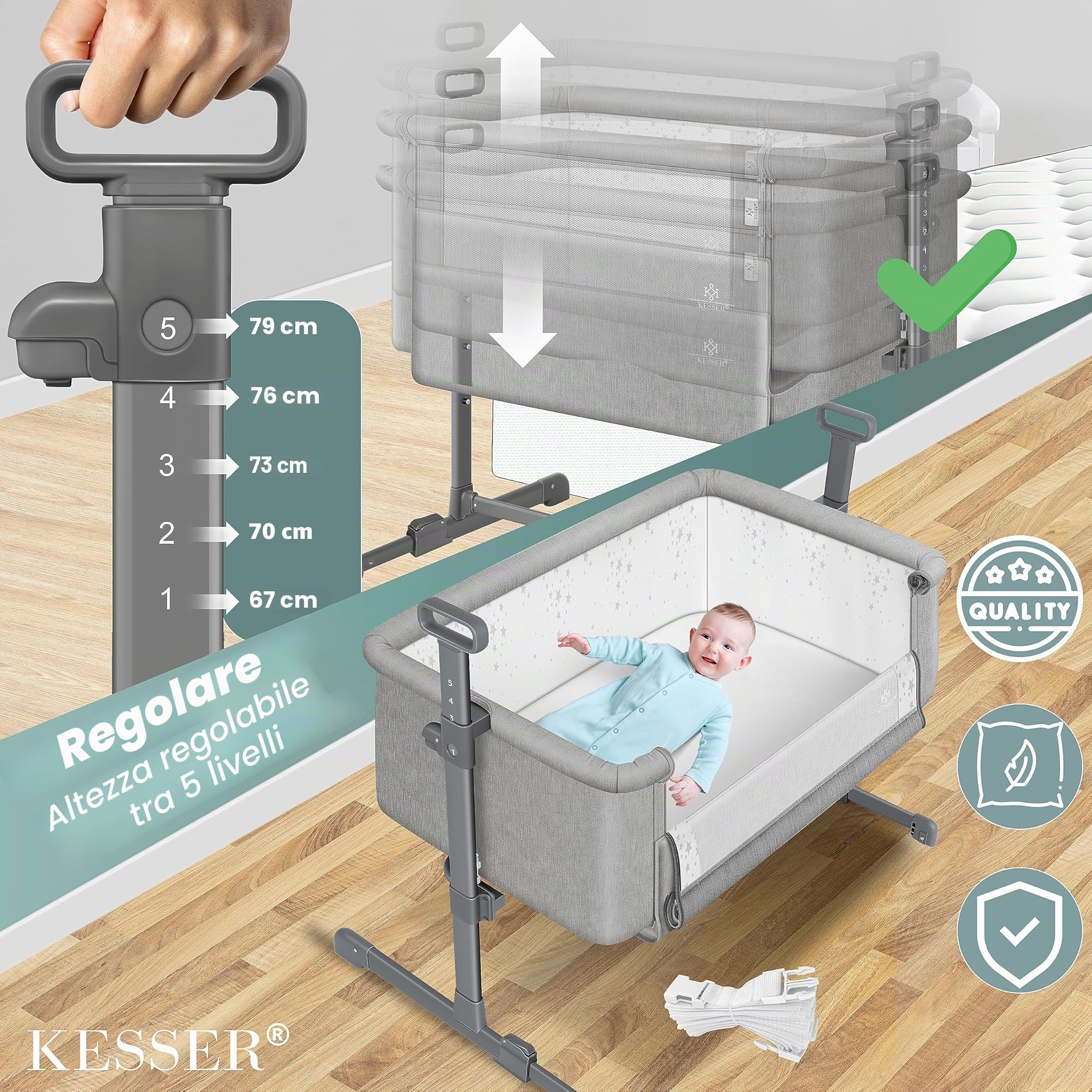 KESSER® Hubi 3in1 Culla da viaggio Culla per bambini con materasso morbido, con rotelle, 5 regolazioni in altezza, pannello laterale pieghevole per la casa e in viaggio, grigio chiaro
