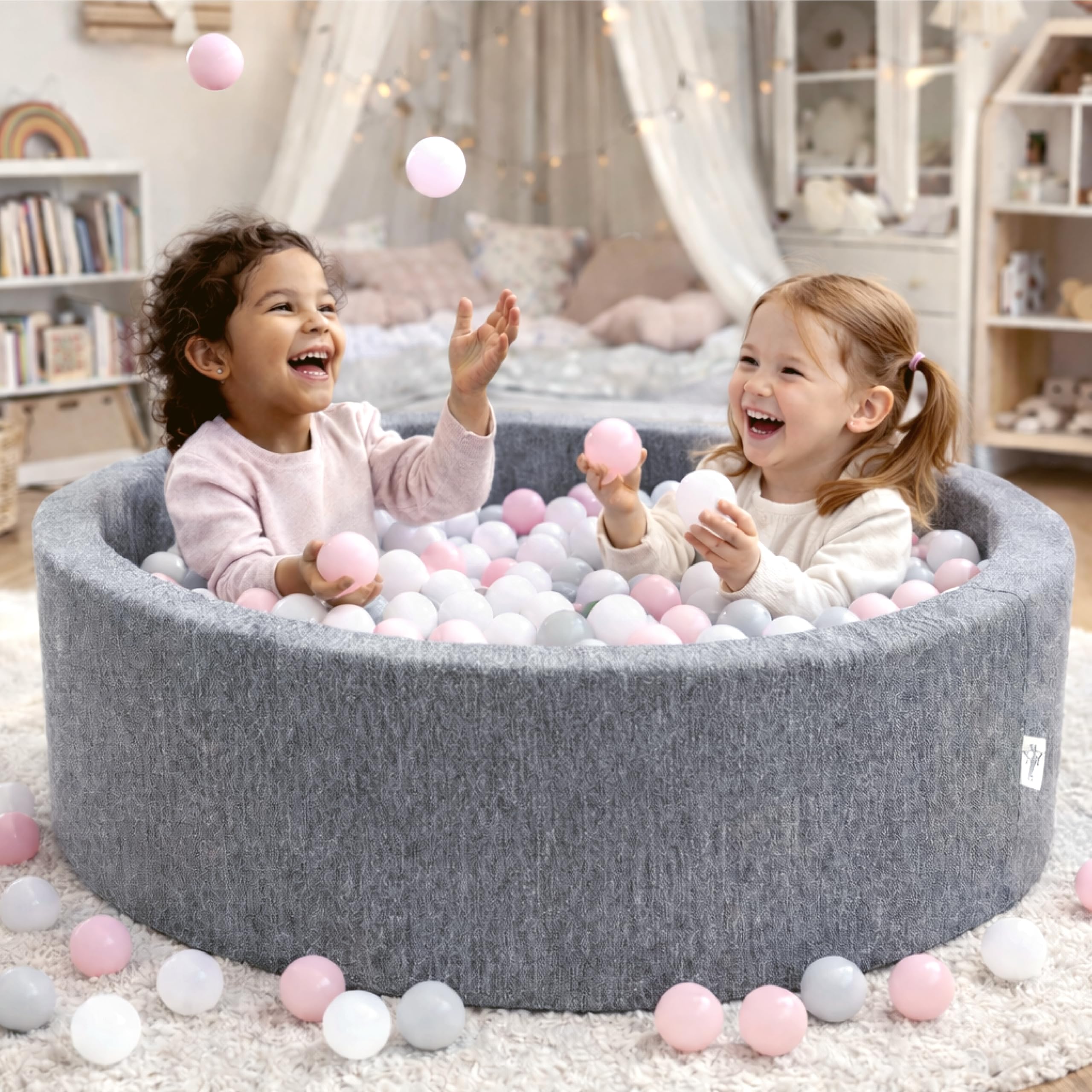 LittleStar® Bällebad mit 250 BPA-freien Bällen für Babys & Kleinkinder ab 10 Monaten | Geprüfte Sicherheit | Waschbar & Rutschfester Boden | grau, 90 x 30 cm, rund | Bälle: Mint-grau-weiß
